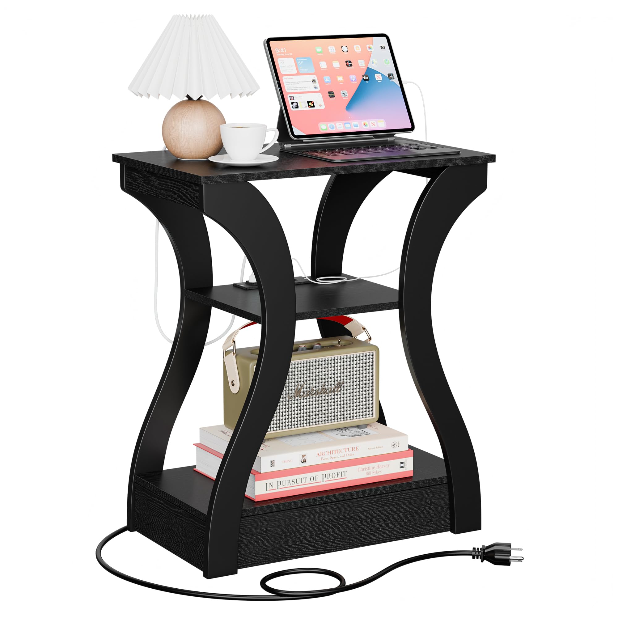 SUPER DEAL End Table with Charging Station, 3 Tier Nightstand Compact Sofa Side Table with 2 USB and 2 Power Outlets for Living Room, Bedroom, Small