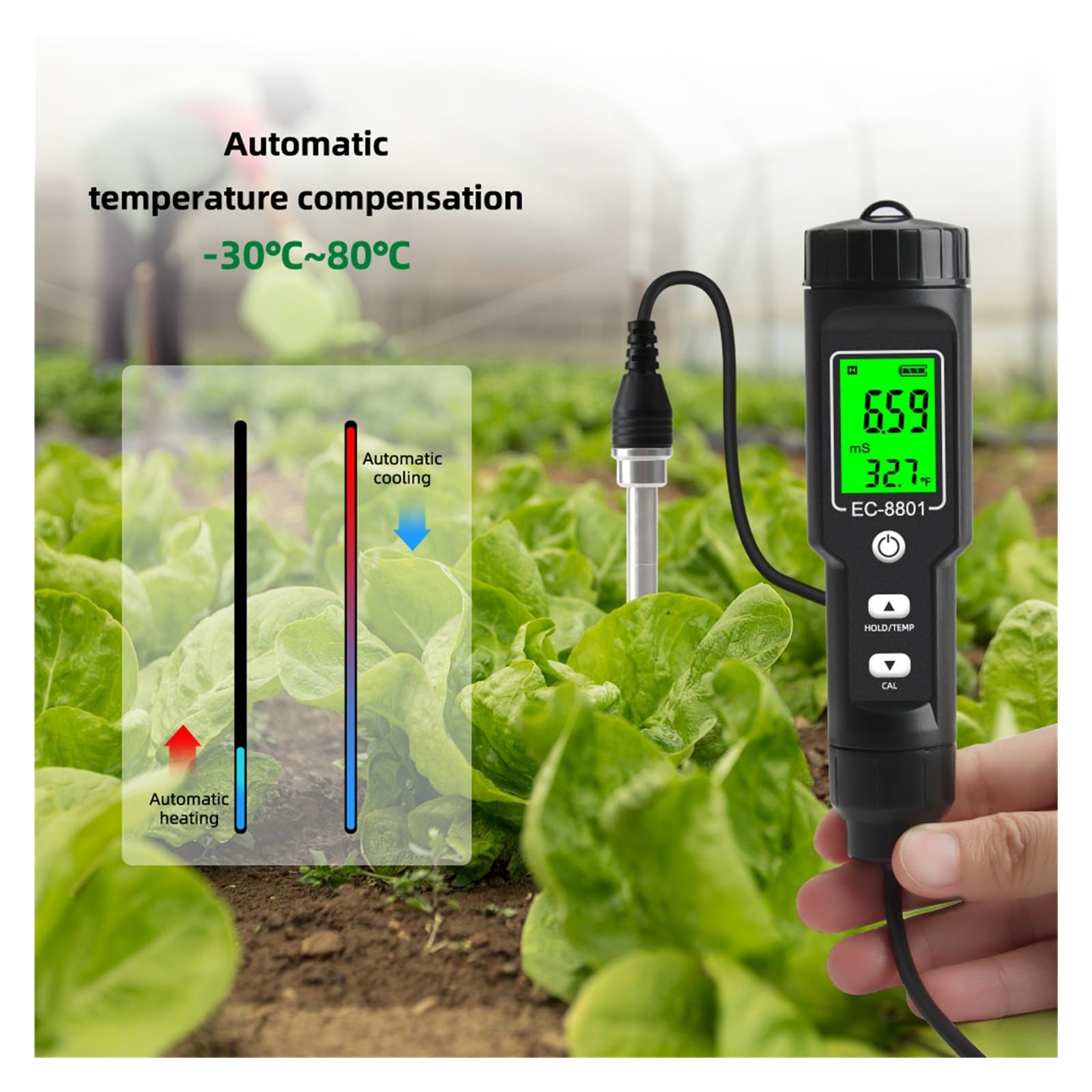 Medidor de Calidad del Agua, Termómetro Digital LCD multifunción for Suelos con CE, Resistente al Agua, retroiluminación y sonda Desmontable. para Campo y Laboratorio
