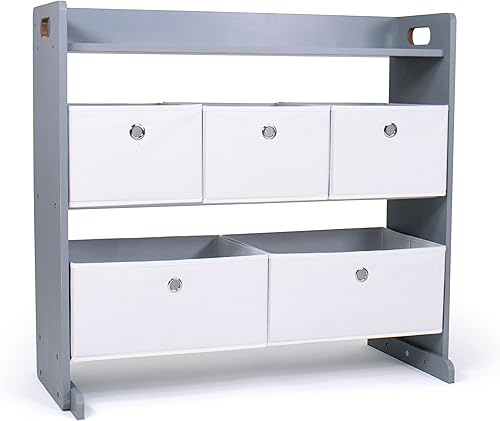Humble Crew Organizador de almacenamiento de juguetes para niños con estante y 5 contenedores plegables de tela, grisblanco