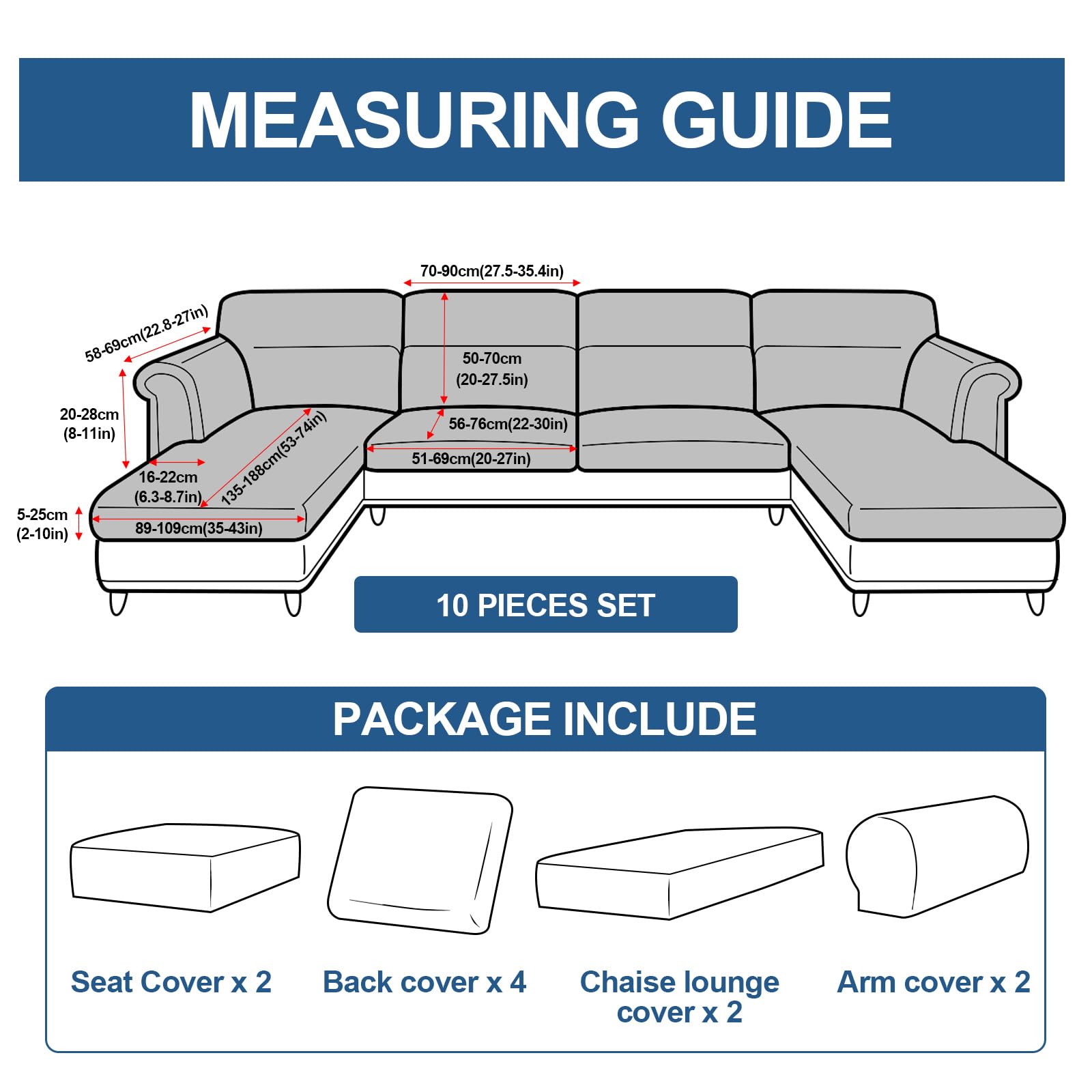Sofabezug U Form Stretch Samt Ecksofa Bezugsset Universal Sofabezug Polsterbezug Sektional Sofa Cover L Shape Couchbezug Mit Sesselbezügen (grau-blau,Universal 10pcs Set)