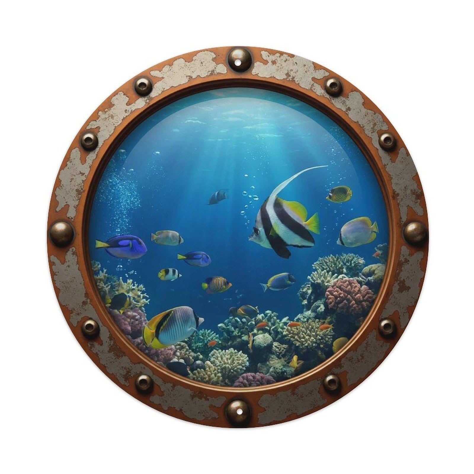 Vintage Porthole Bannerfish Nautical Window View Vintage Metal Tin Sign Plaque Wall Decor for Cafe, Club Bar, Office, Garden Metal Poster 8x8Inch