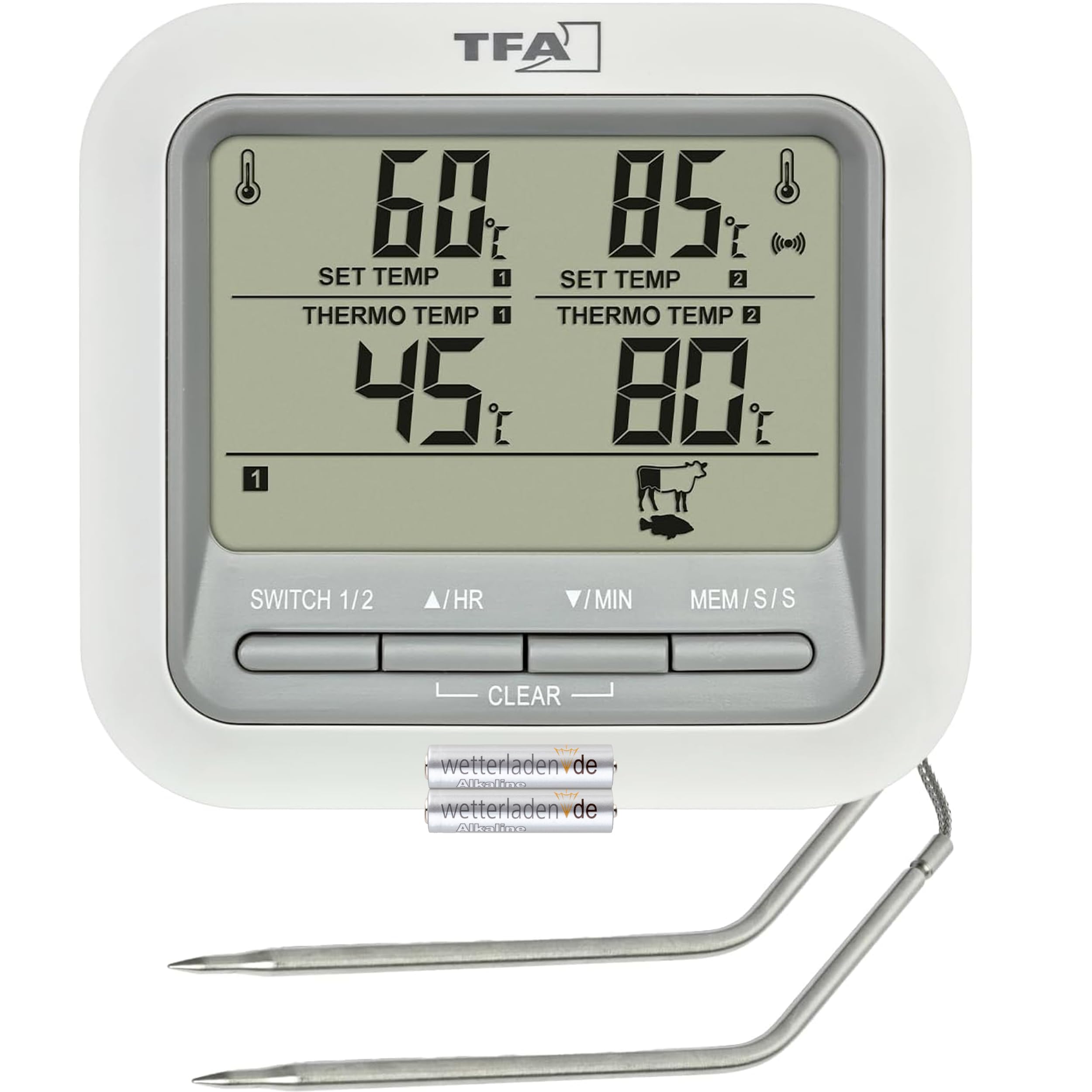 TFA Dostmann Termometro digitale per arrosti, 14.1516, con 2 sonde in acciaio inox, termometro per carne, fino a 300°C, con funzione di allarme, manzo/maiale/pollo/pesce (bianco con batterie)