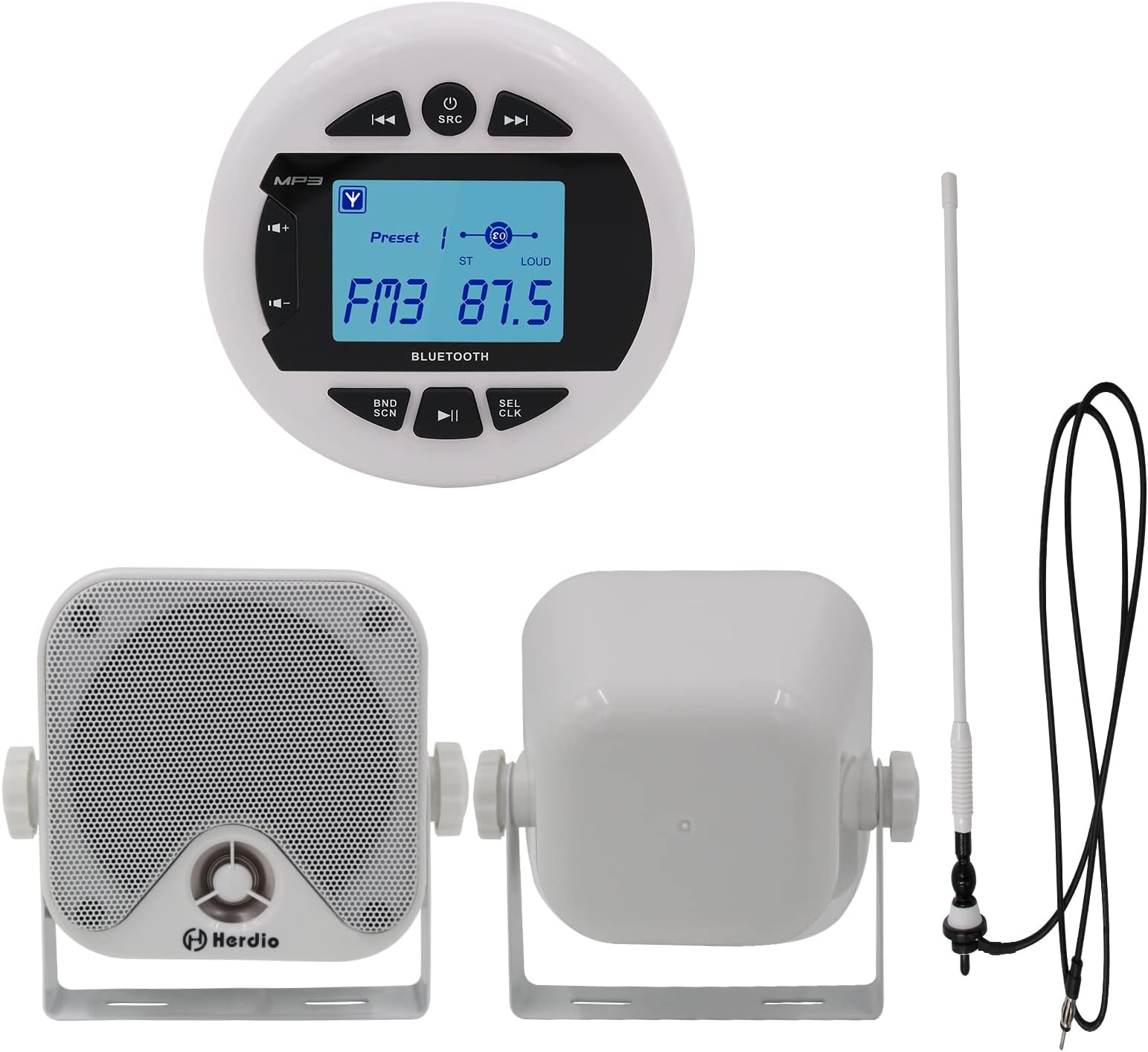 HerdioMarine Radio Package- IPX6 Receiver Compatible with Bluetooth,1 Pair 4 Inch Marine Speakers, AM FM Antenna for Boat ATV UTV (White)