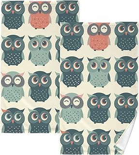 Cute Colorful Owls Cotton Towels for Bathroom Kitchen, Soft Absorbent Cotton Hand Towels Set of 2, 16x28 inch