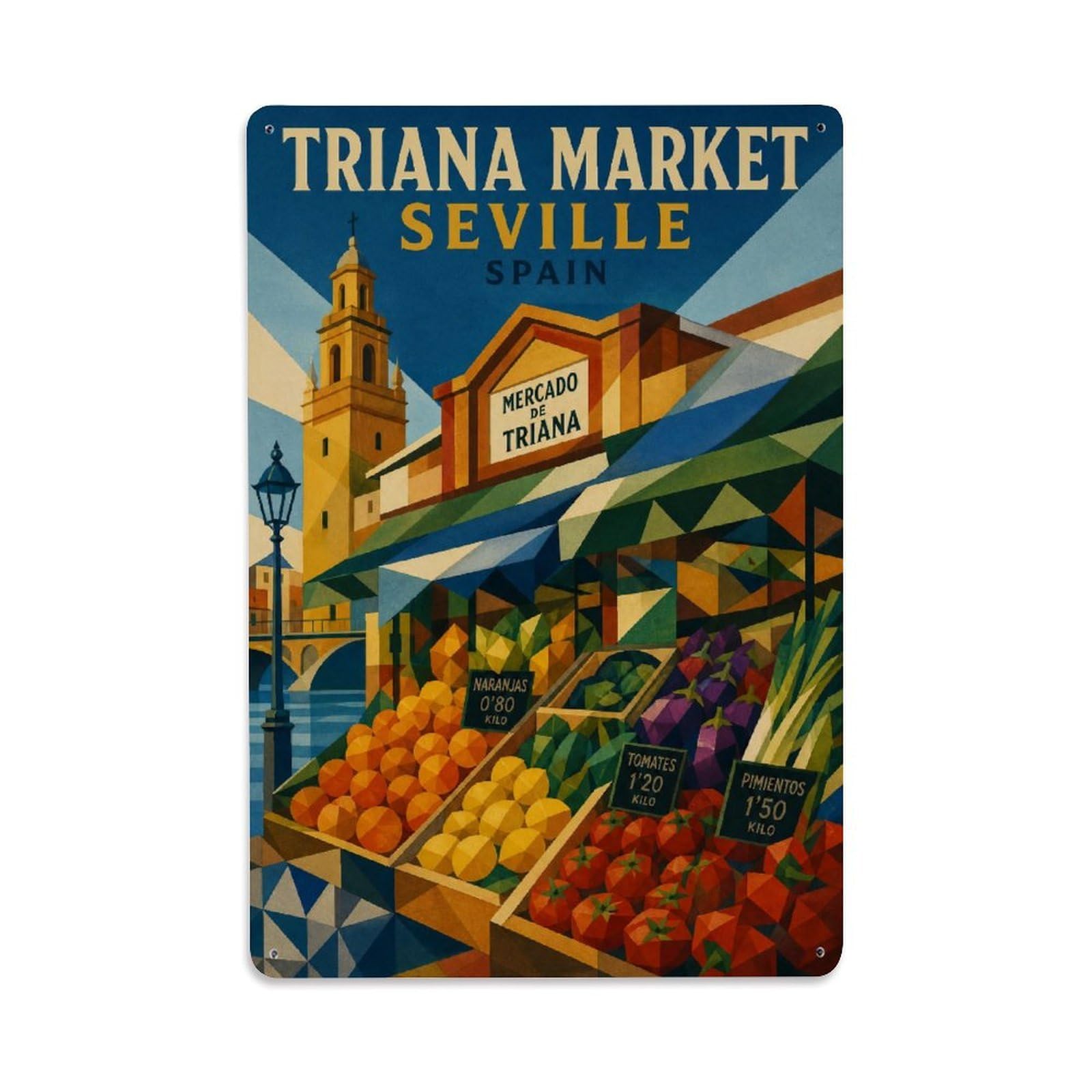 Yrnq 08X12inch Vintage Style Vintage Triana Market Fresh Produce Colorful Stalls Spain Metal Tin Sign