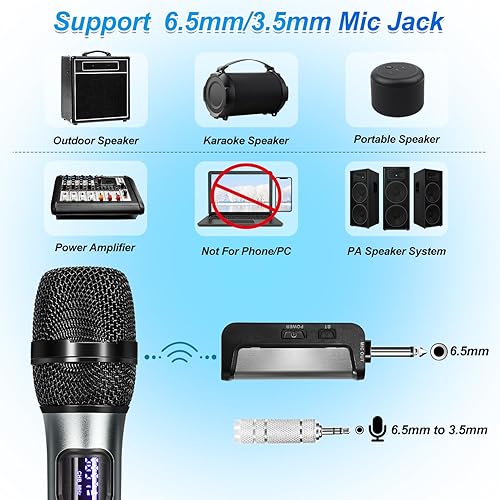 Miniatura 6 de Sistema de karaoke de micrófono inalámbrico con receptor Bluetooth recargable, micrófono inalámbrico dinámico de mano profesional, rango UHF de 200