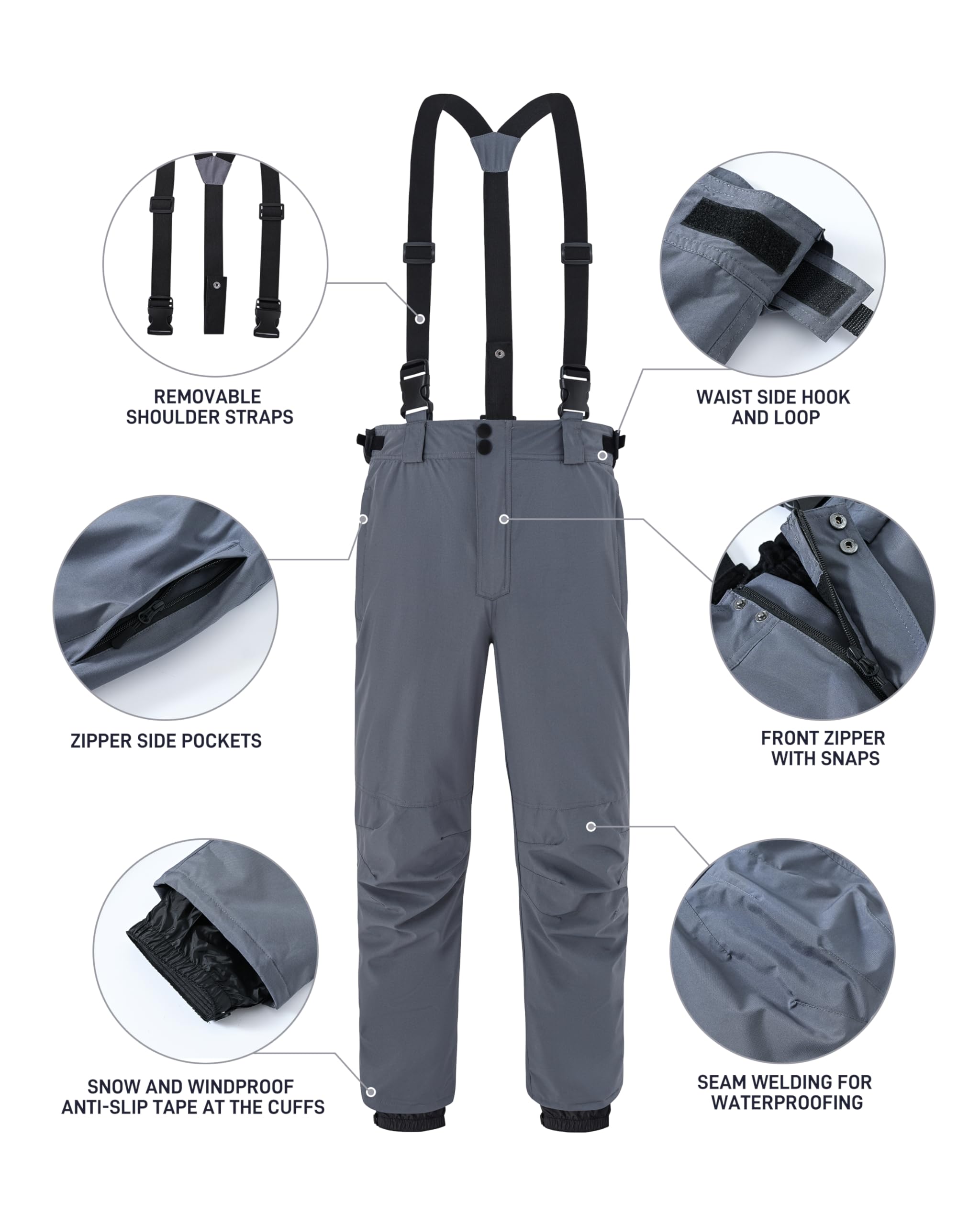 ATLASLAVA Pantaloni da sci invernali da uomo con bretelle, impermeabili, caldi, antivento, antistrappo, resistenti agli strappi