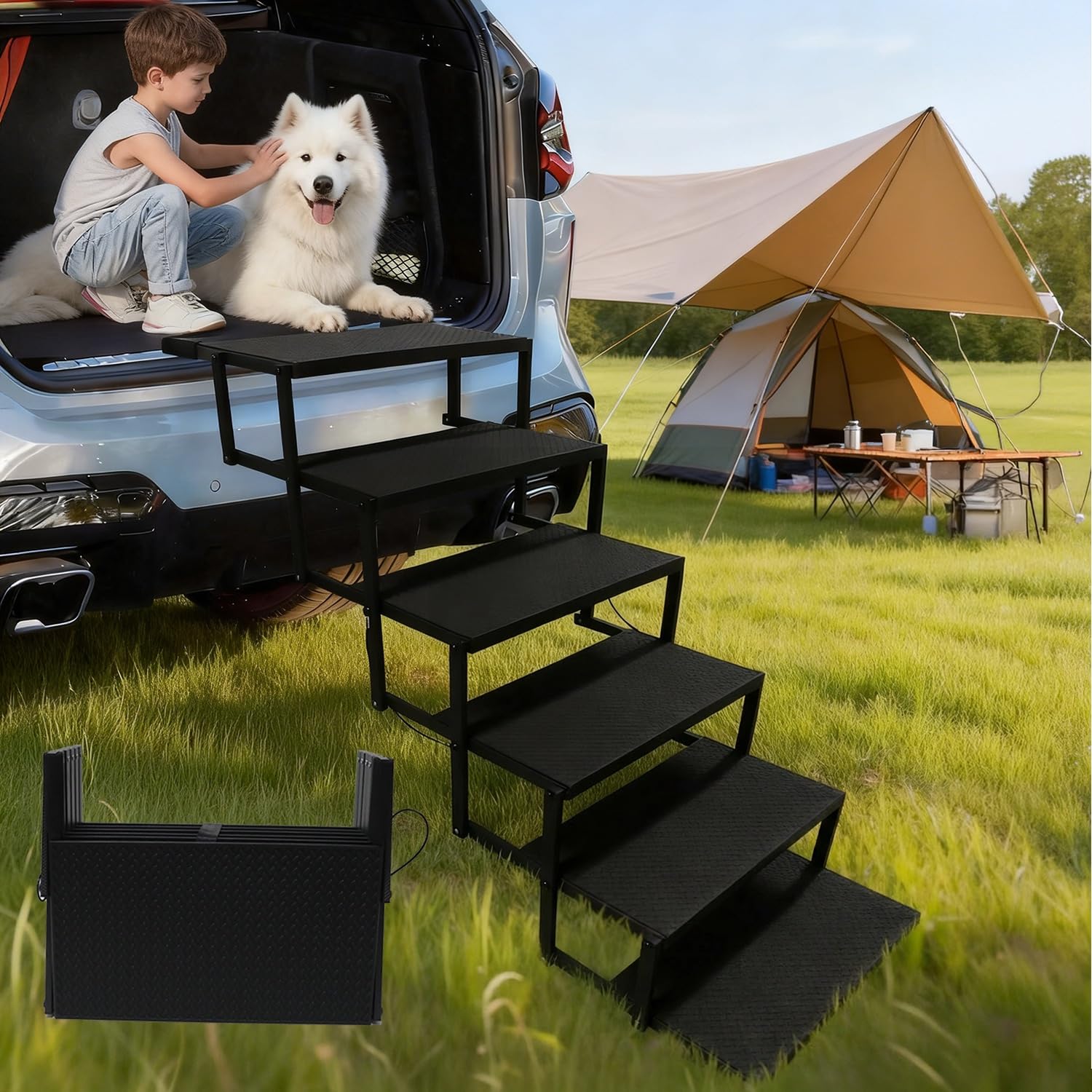 Niubya Escalier Pliable 6 marches pour Voitures, SUV, camions, canapés et Lits – Ultra-léger et antidérapant, jusqu'à 90 kg