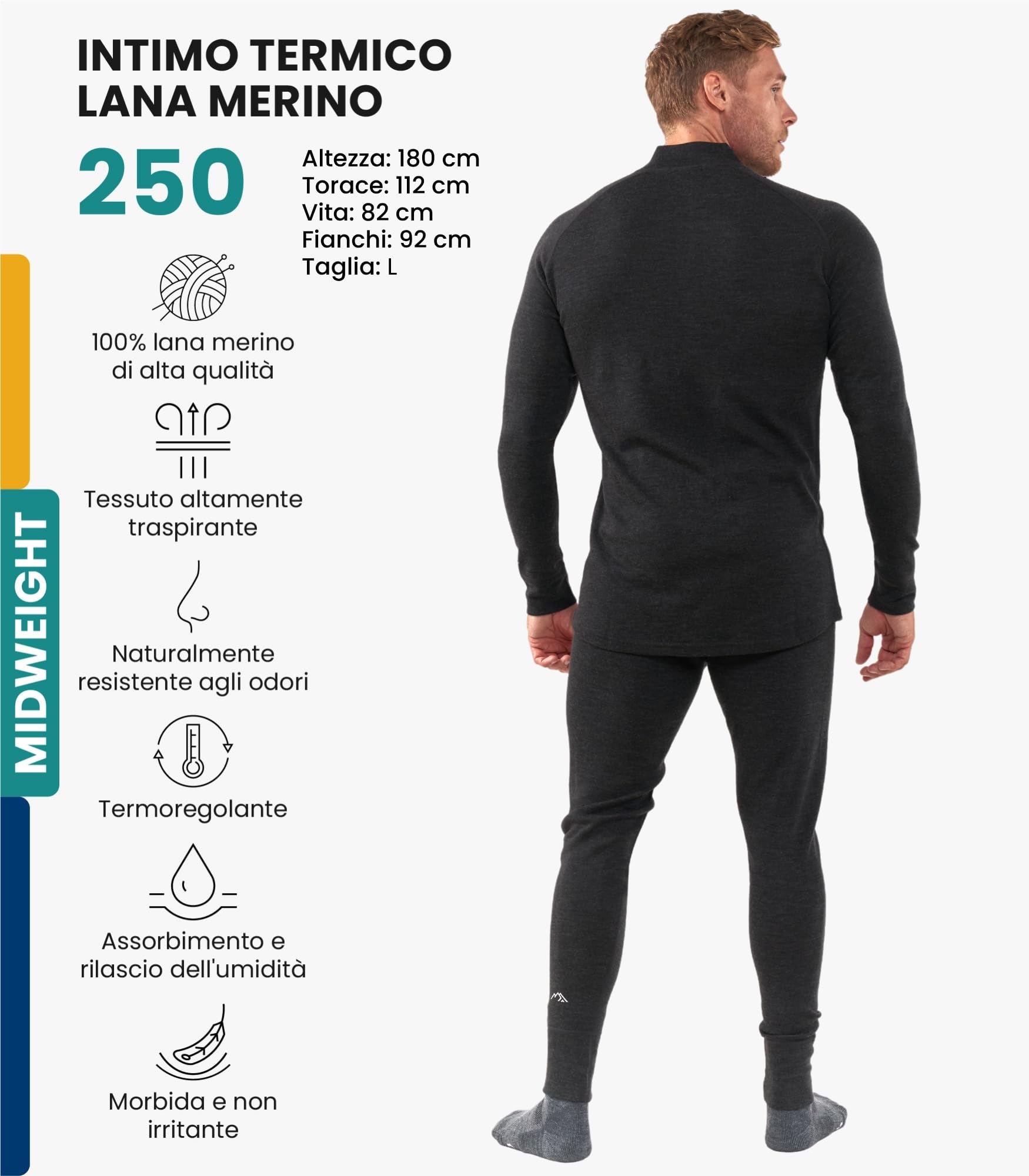 Merino.tech Intimo Termico Uomo Lana Merinos - Completo Termico Uomo Maglia e Pantaloni con Calzini Leggero, Medio, Pesante