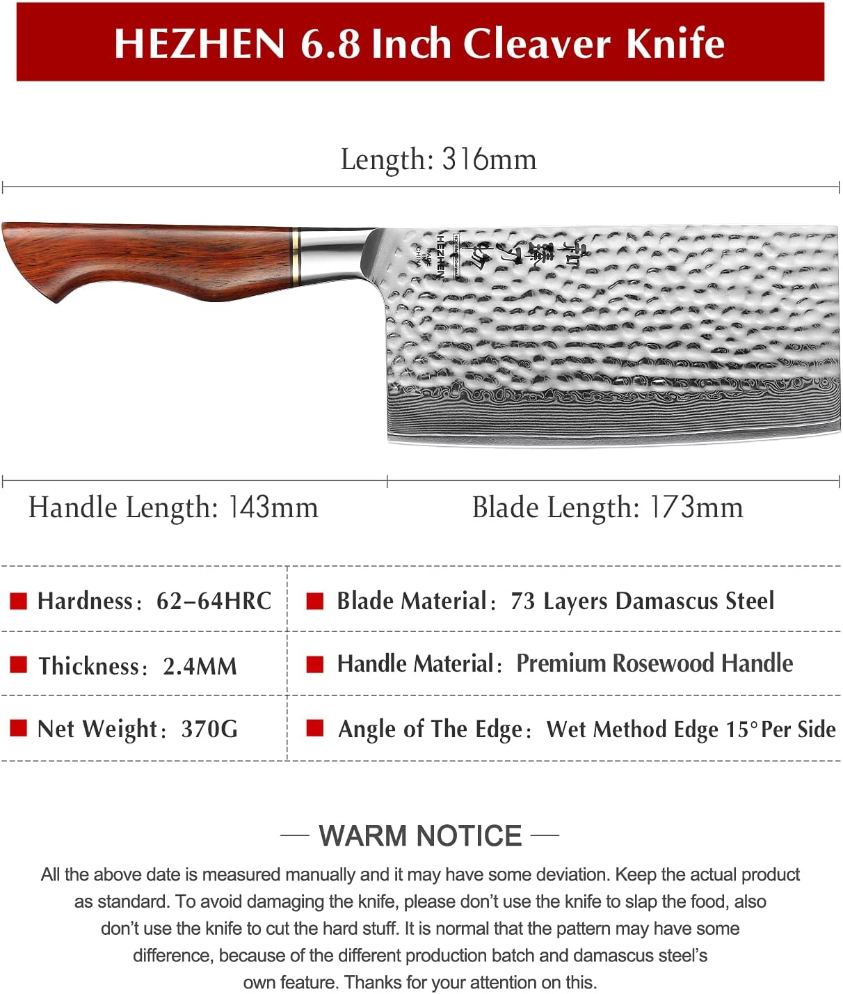 HEZHEN Chinese Chef Knife 6.8 Inch- Meat Cleaver, Chinese Cleaver Knife, Premium Damascus Powder Steel-Natural Rosewood Handle-Master Hammered Finish Series
