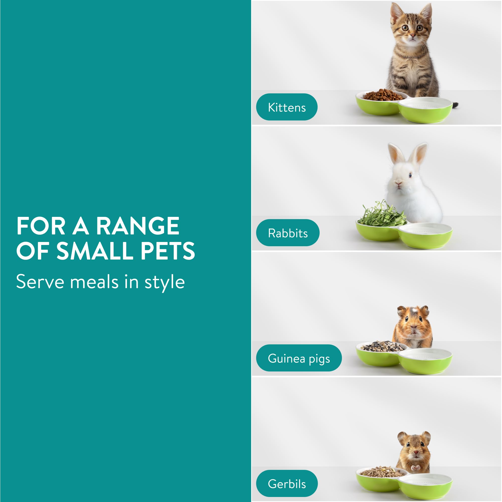 Navaris Comedero para Conejos - Cuenco Doble para Conejo Cobayas Chinchillas Gatitos - Comedero y Bebedero para Mascotas Pequeñas - Cuencos Ceramica Apto Lavavajillas y Microondas
