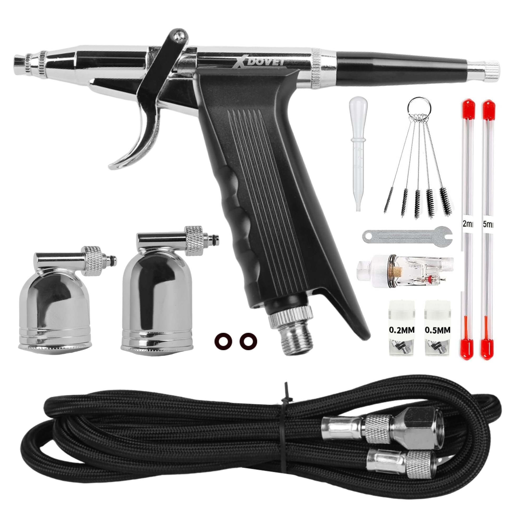 XDOVET Dual Action Airbrush Kit with 0.35/0.5/0.8mm Needle 7ml/10ml Paint Cup Side Pot and Oil-Water Separator - Ideal for Tattoos Makeup Nails Models - Complete Airbrush Kit
