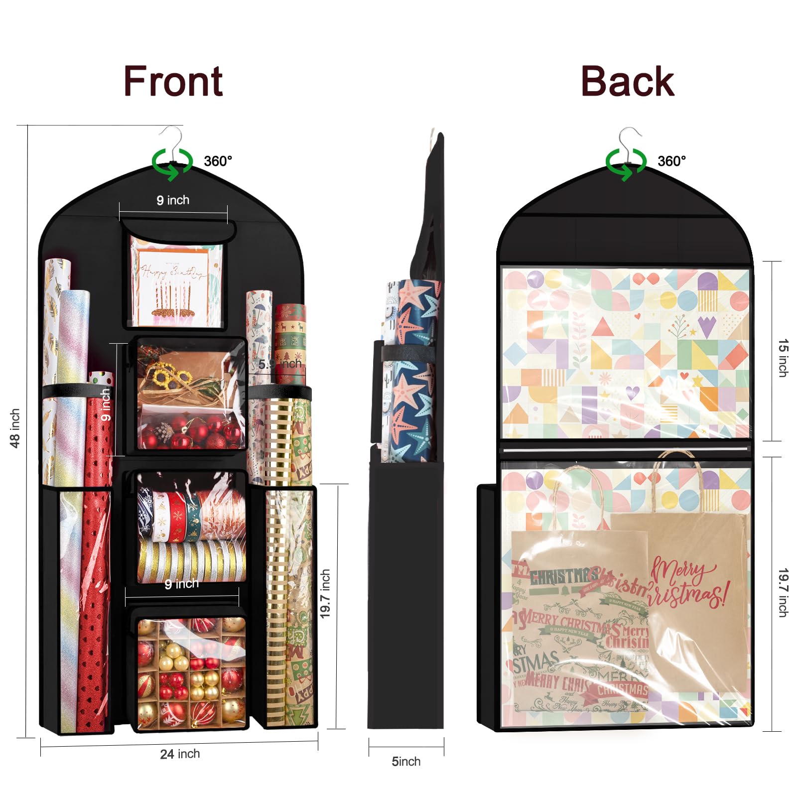 Geschenkpapier-Aufbewahrung, zum Aufhängen, 120 x 60 cm (extra groß), schwarz, doppelseitig, Weihnachtsverpackungsbehälter, Oxford Langer Bastelrollen-Organizer, Geschenkpapierhalter für schlafzimmer