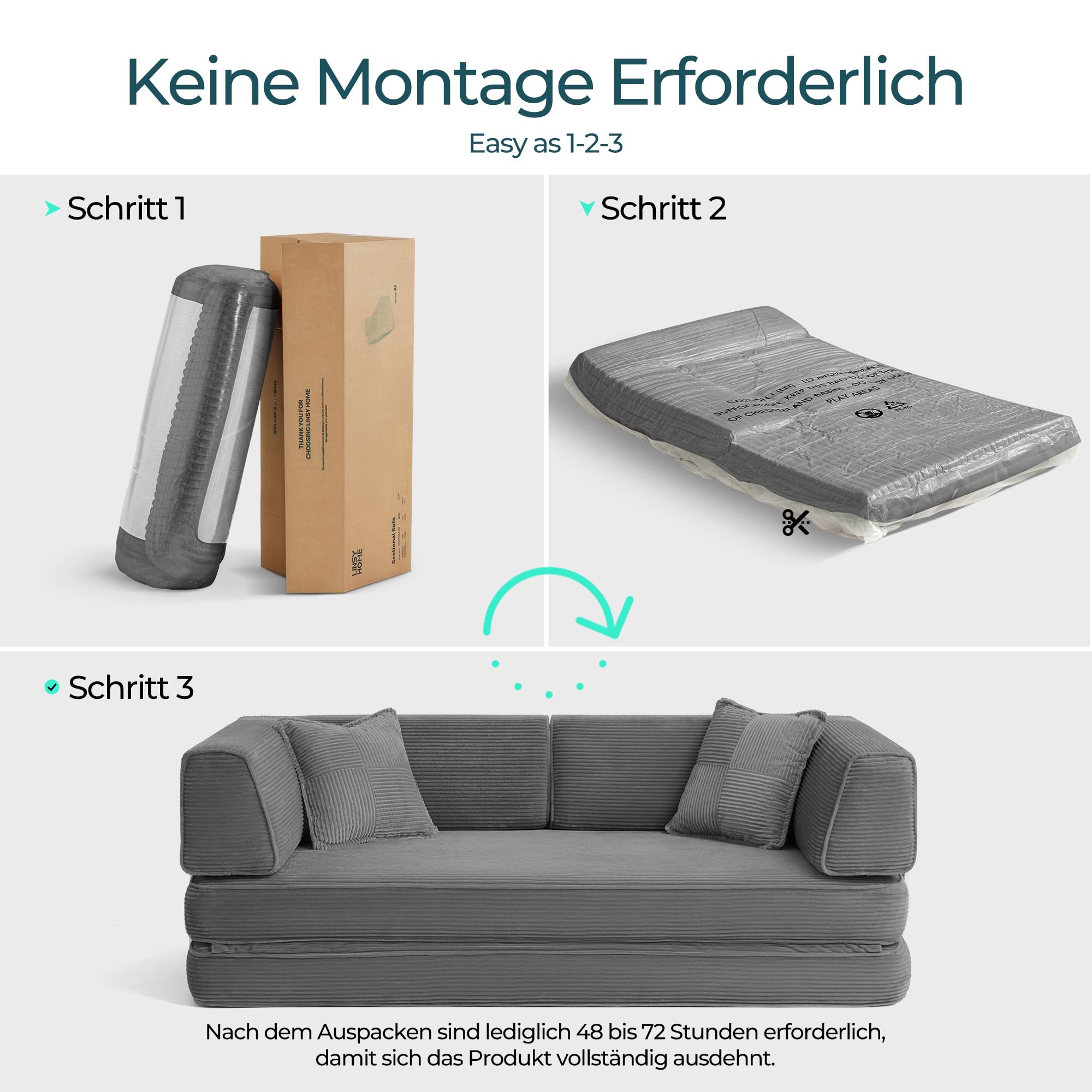 LINSY HOME Schlafsofa - Bodensofa Bed mit Pillow Back Support Armrest - Schlafsofa Klappbar 200 cm Breit- Compressed Sofa in Box - Cord Stoff für Wohnzimmer Schlafzimmer - Grau