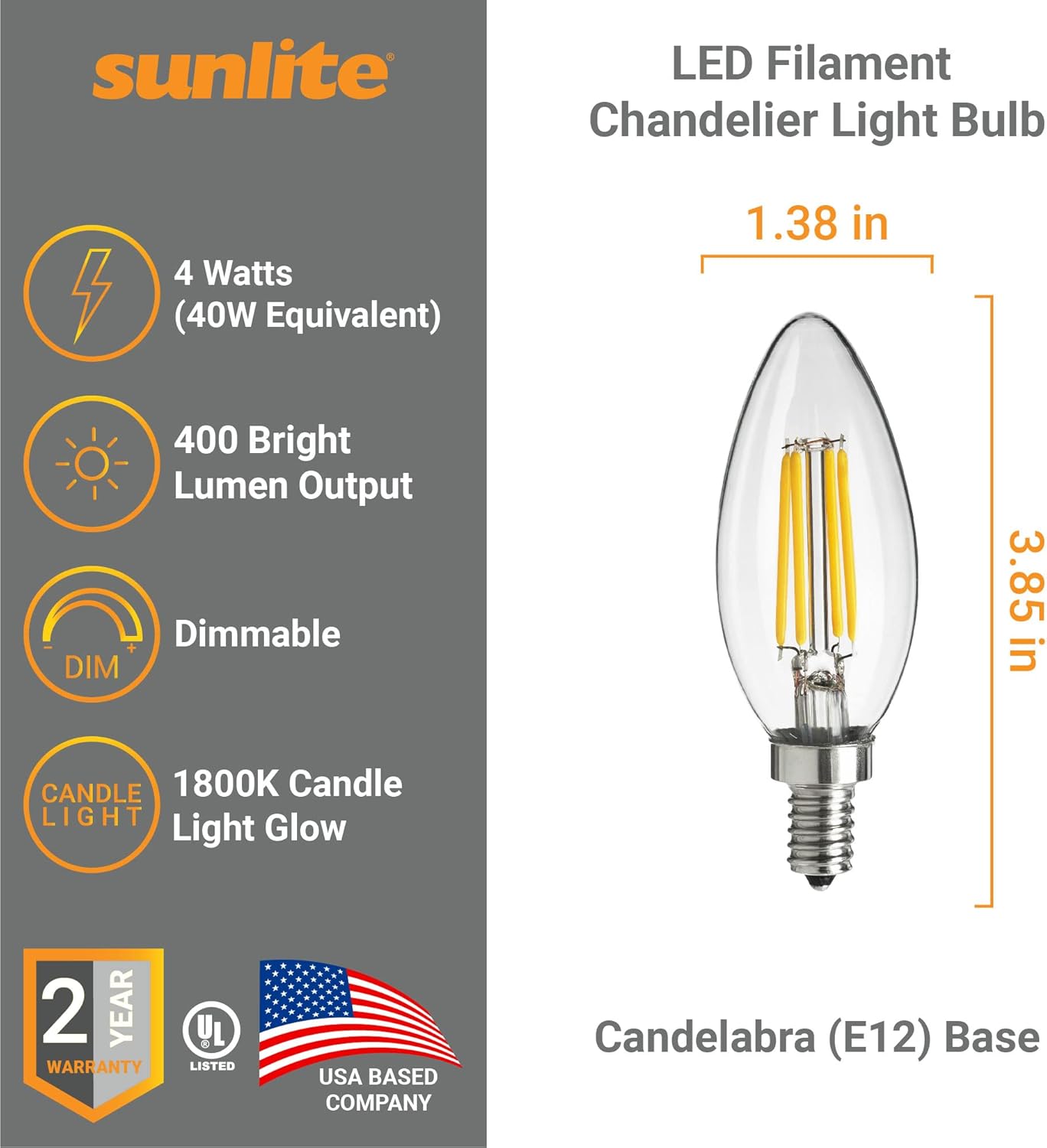 Sunlite 41650 LED Filament B11 Torpedo Tip Chandelier Light Bulb, UL Listed, 4 Watts (40W Equivalent), 400 Lumens, Candelabra Base (E12), Edison Style, Dimmable, 1800K Candle Light, 12 Count