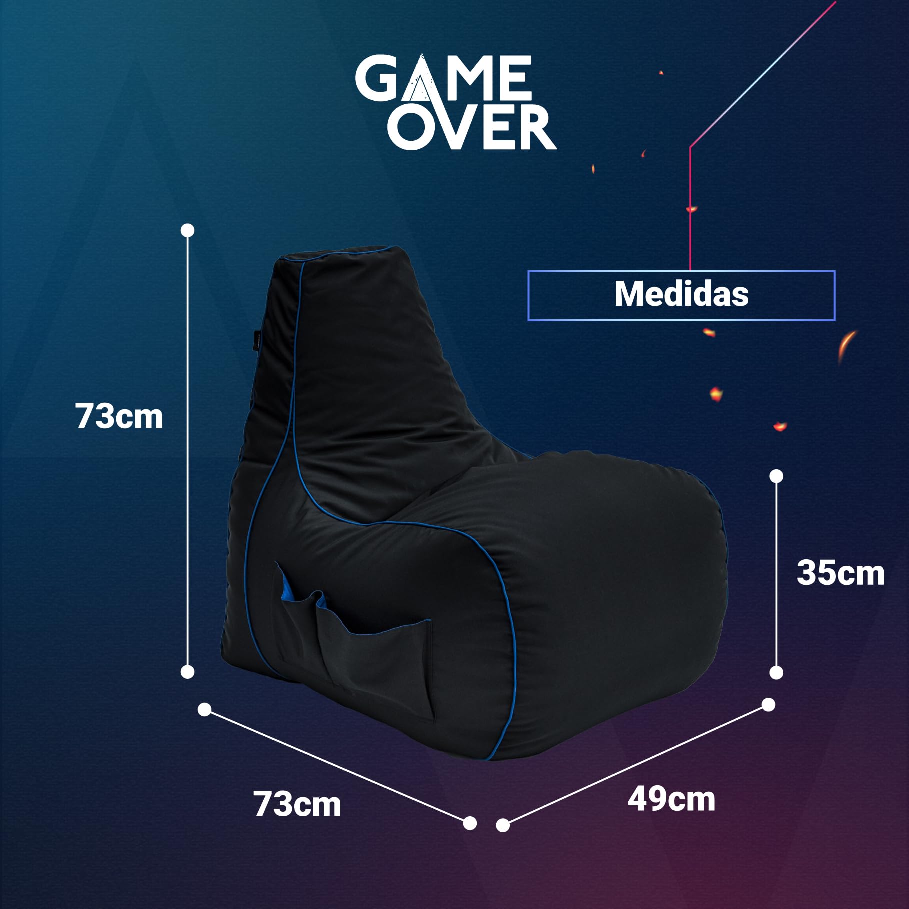 Game Over 8Bit Silla Video Juegos Puff Pera Mini para Niños | Sala de Juegos | Bolsillos Laterales para Controles |Soporte para Auriculares | Diseño Ergonómico (Relámpago Cerúleo)