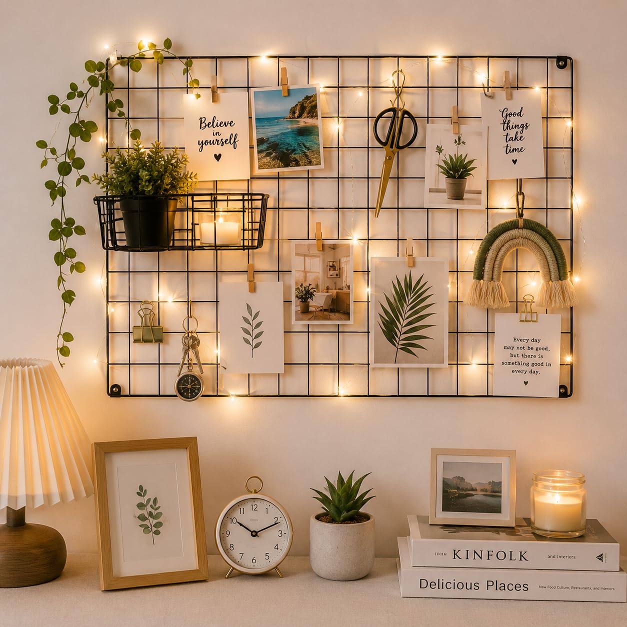 Decorative Wire Grid Panel for Wall Decoration | Metal Photo Display Memo Board Organizer for Bedroom, Office & Study Room | Hanging Wall Grid for Notes & Photos | 25 x 17 Inch (Black)-image-18