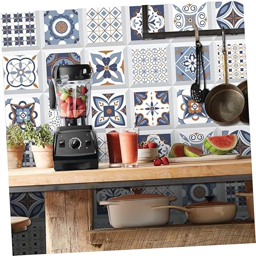 Vista 3 de Uonlytech 60 Pcs Tile Wall Stickers Kitchen Tile Stickers Mandala Tile Decal Peel and Stick Floor Sticker Carpet Tiles Retro Home Decor Tile Sticker