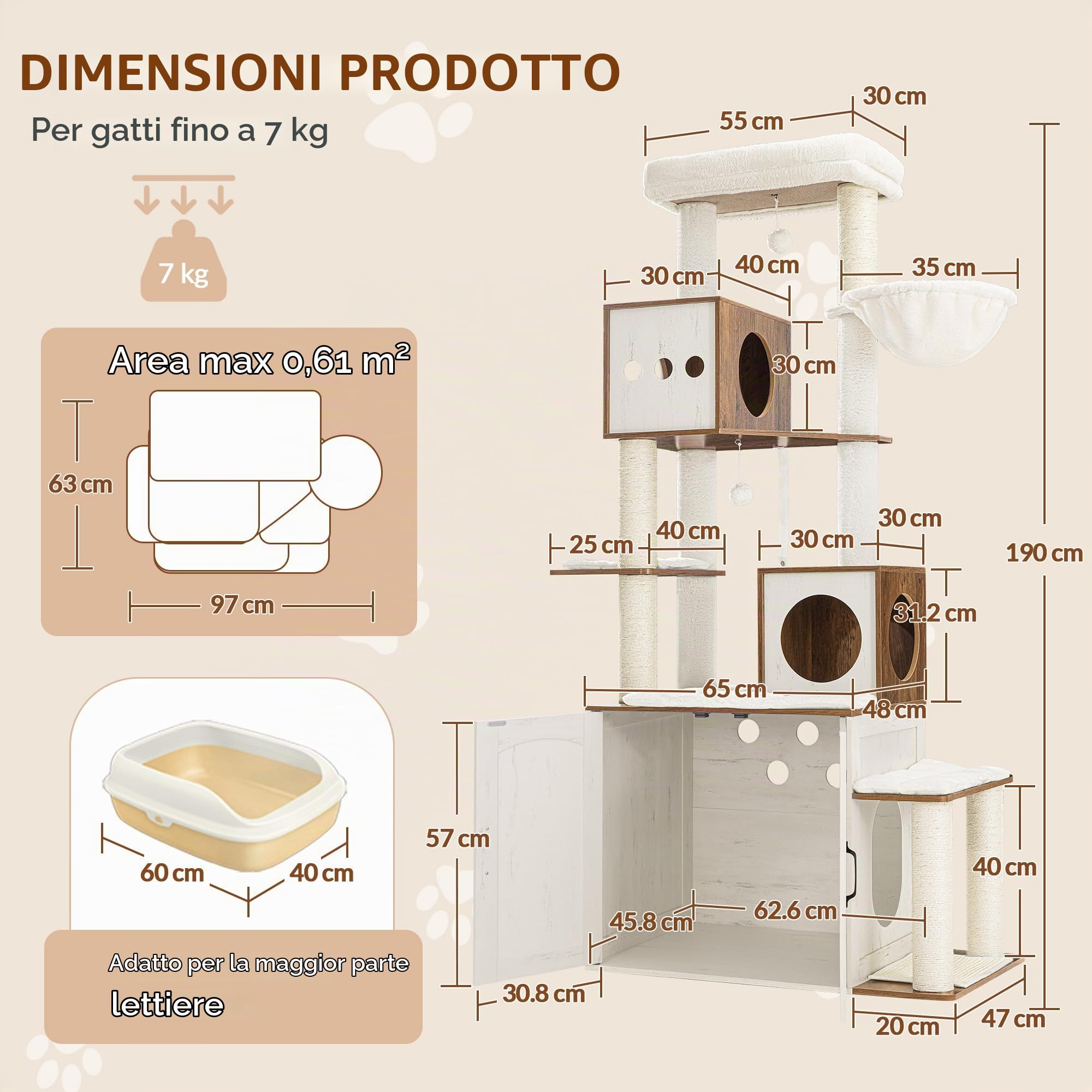 Tiragraffi con Mobile per Lettiera, 190 cm, Bianco e Marrone | Gatti Moderno con Tiragraffi, Piattaforma di Salto Rimovibile, Due Grotte, Piattaforma, Cuscini Lavabili FPMS013PWR1
