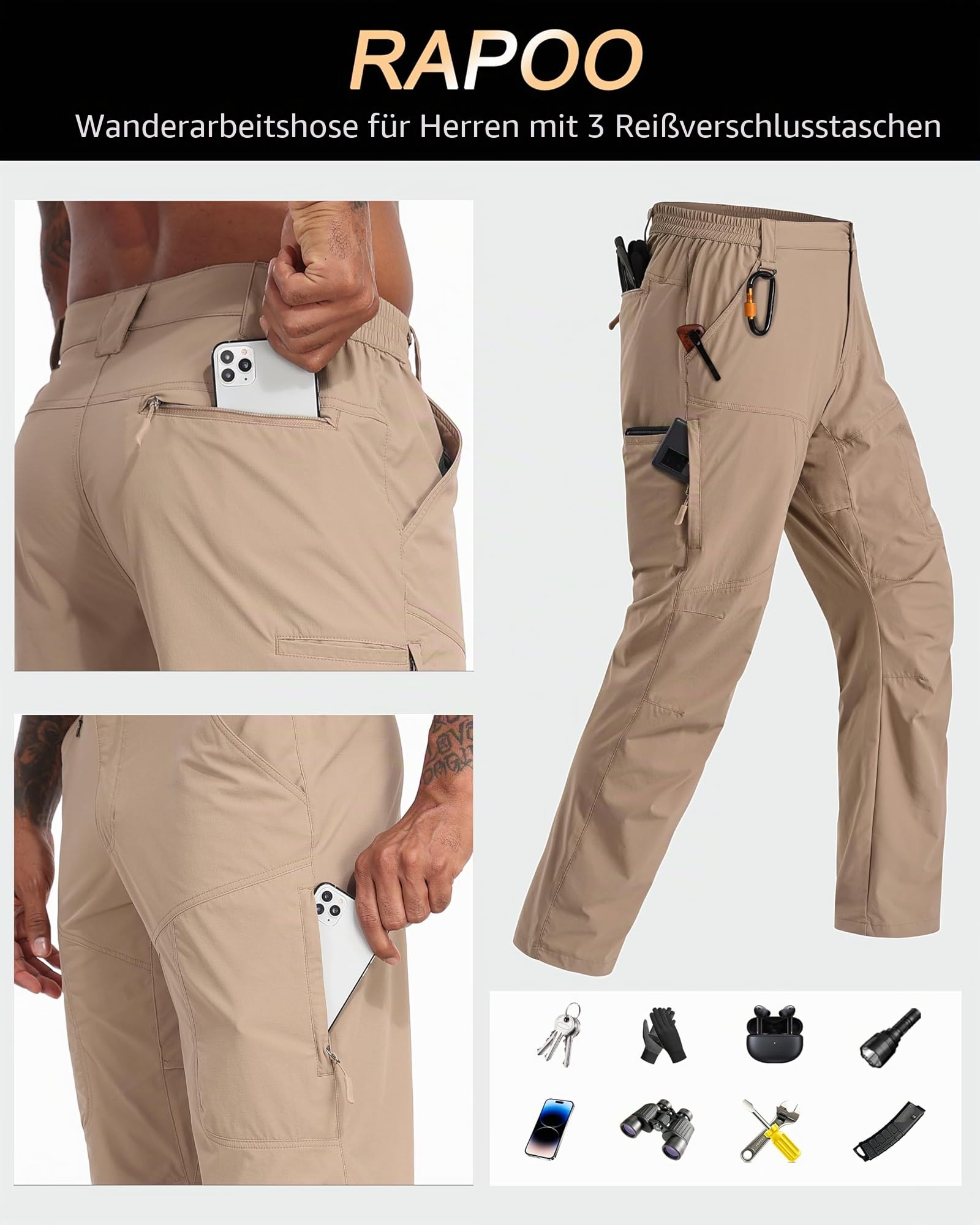 Rapoo Wanderhose Herren Outdoor Cargohose für Herren Atmungsaktiv Nylon Trekkinghose Quick-Drying Winddicht Stretch Lightweight mit 6 Taschen