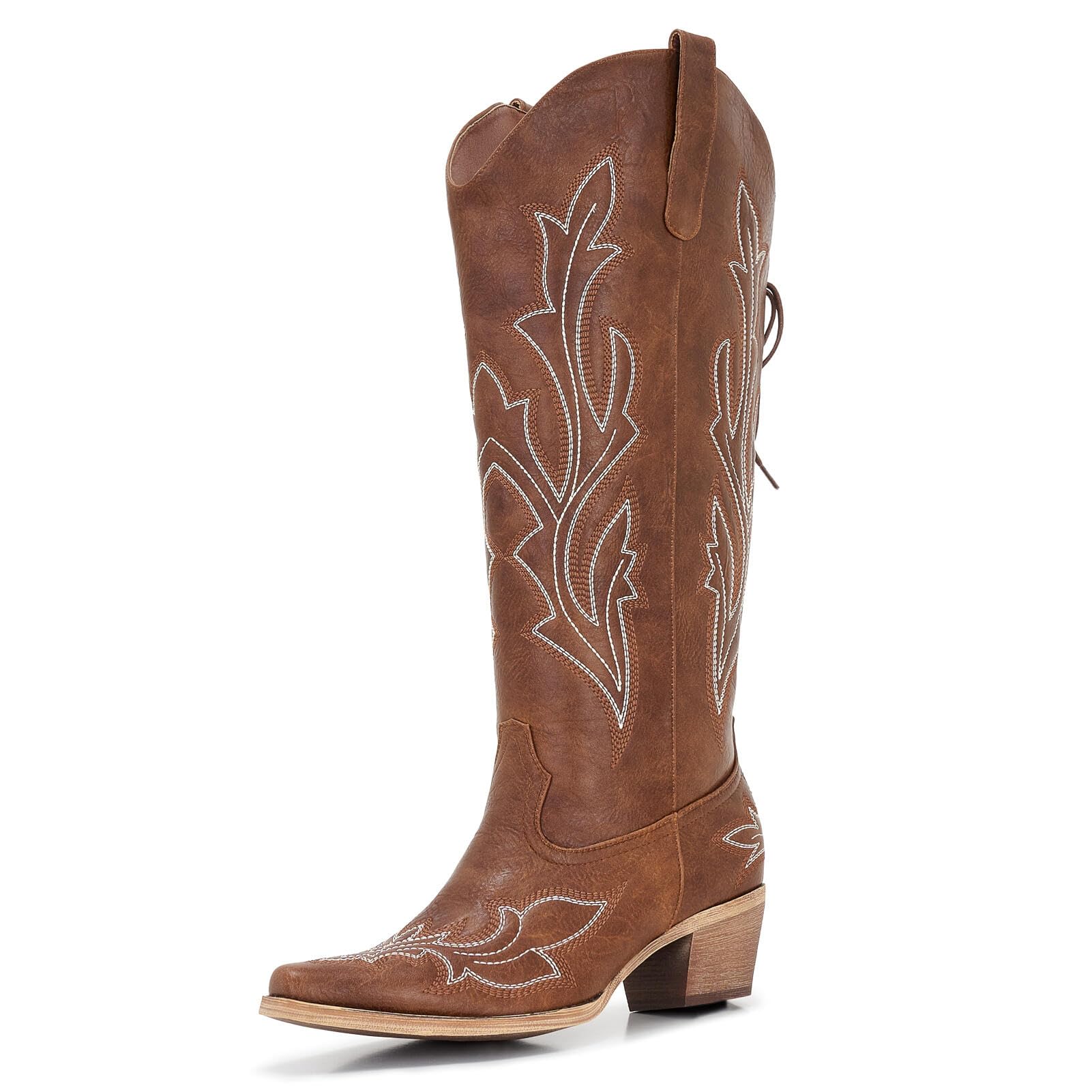Brown Women Wide Calf Western Cowboy Boots Adjustable Tie Knee High Low Heel Square Toe Cowgirl Boots Plus