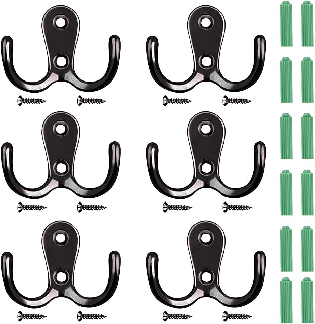 Double Hook Coat Hooks Metal Door Hook Clothes Hook Matt Black Mounted Wall Hooks Double Hooks for Back of Door Bathroom Bedroom(6Pcs)