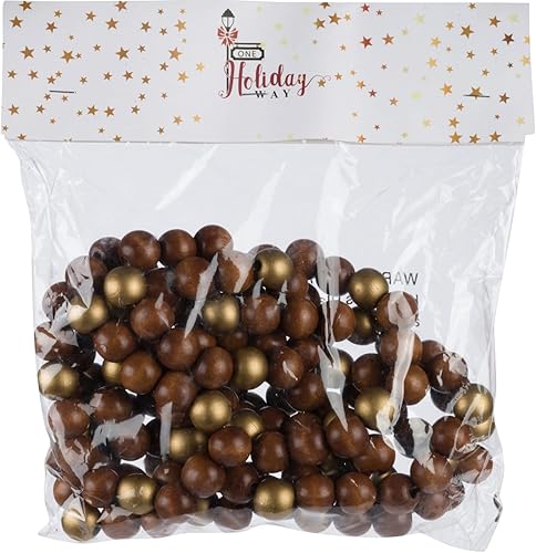 Miniatura 2 de One Holiday Way Guirnalda de cuentas de madera rústica marrón y dorada de 9 pies para decoración del árbol de Navidad, cuentas decorativas de madera