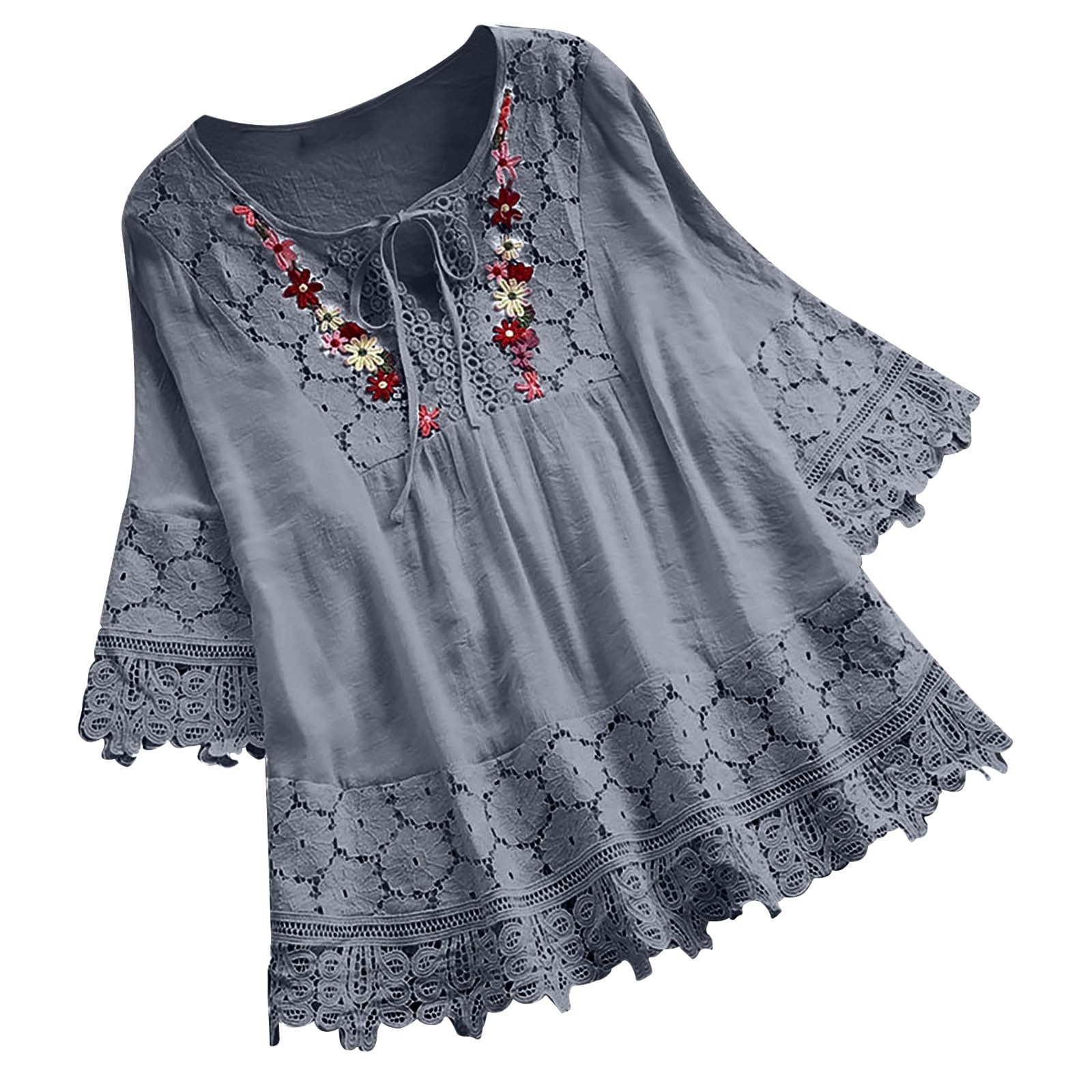 Womens Summer Loose Tops V-Neck Lace Crochet Half Sleeve Shirts Casual Chiffon Blouses Flowy Blouses Shirts(Za Grey,4XL)
