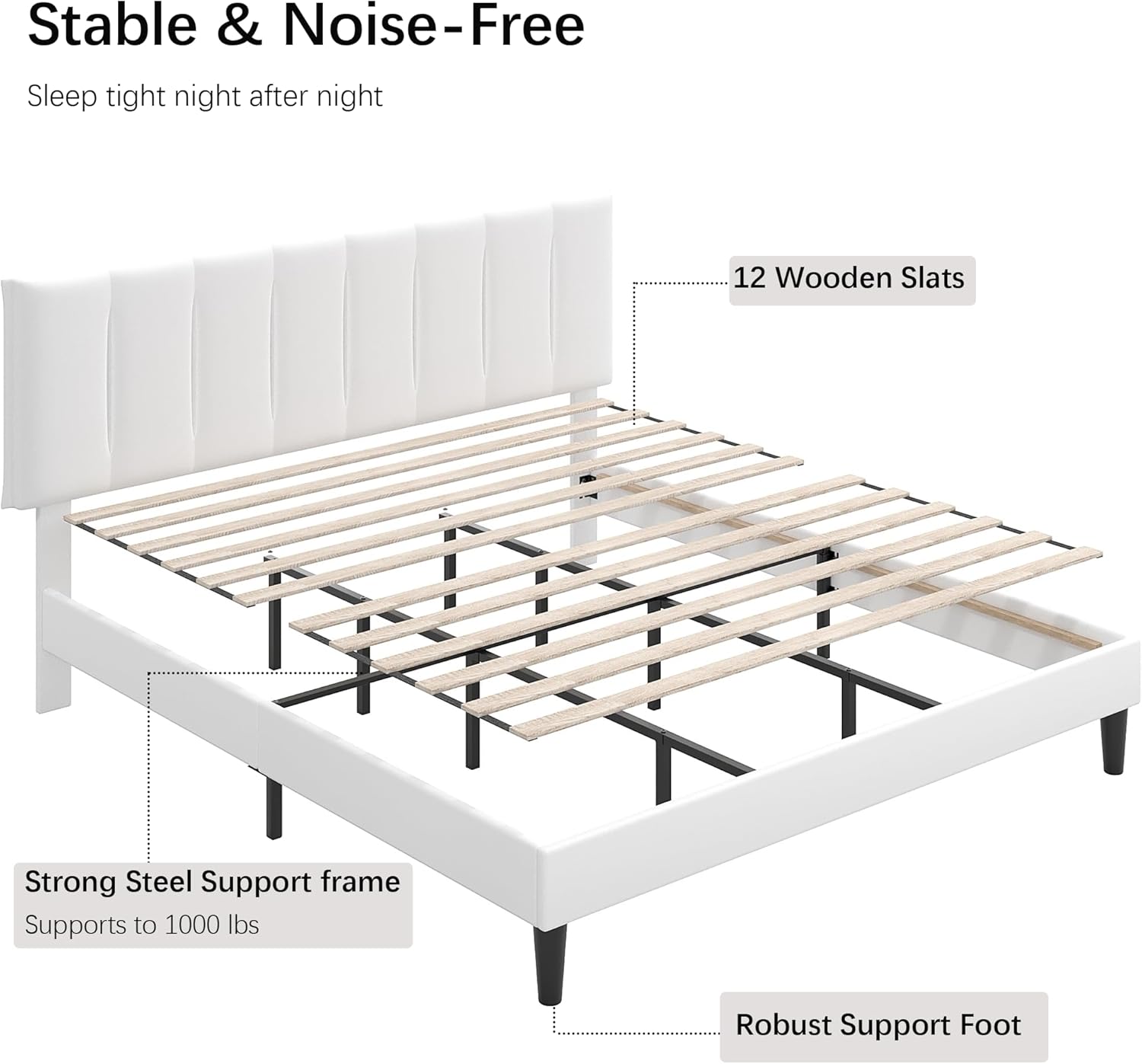 VECELO King Size Bed Frame with Upholstered Headboard, Heavy-Duty Bedframe with Strong Wooden Slats Support, No Boxing Spring Needed, Pure White