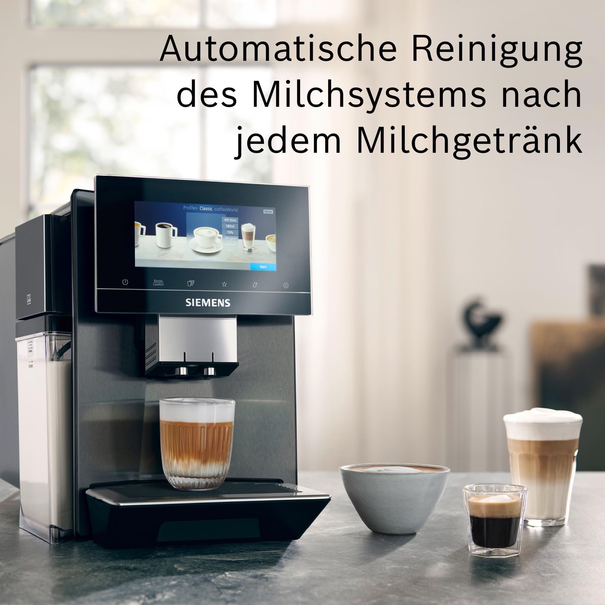 Siemens Kaffeevollautomat EQ900 plus, großes farbiges TFT-Display, autom. Reinigungsystem via Kartuschen, 36 Heiß- und Kaltgetränke, Cold Brew, Doppeltassenfunktion, super leise, Edelstahl, TQ905DZ3 | Großes farbiges TFT-Display, Autom. Reinigungsystem vi