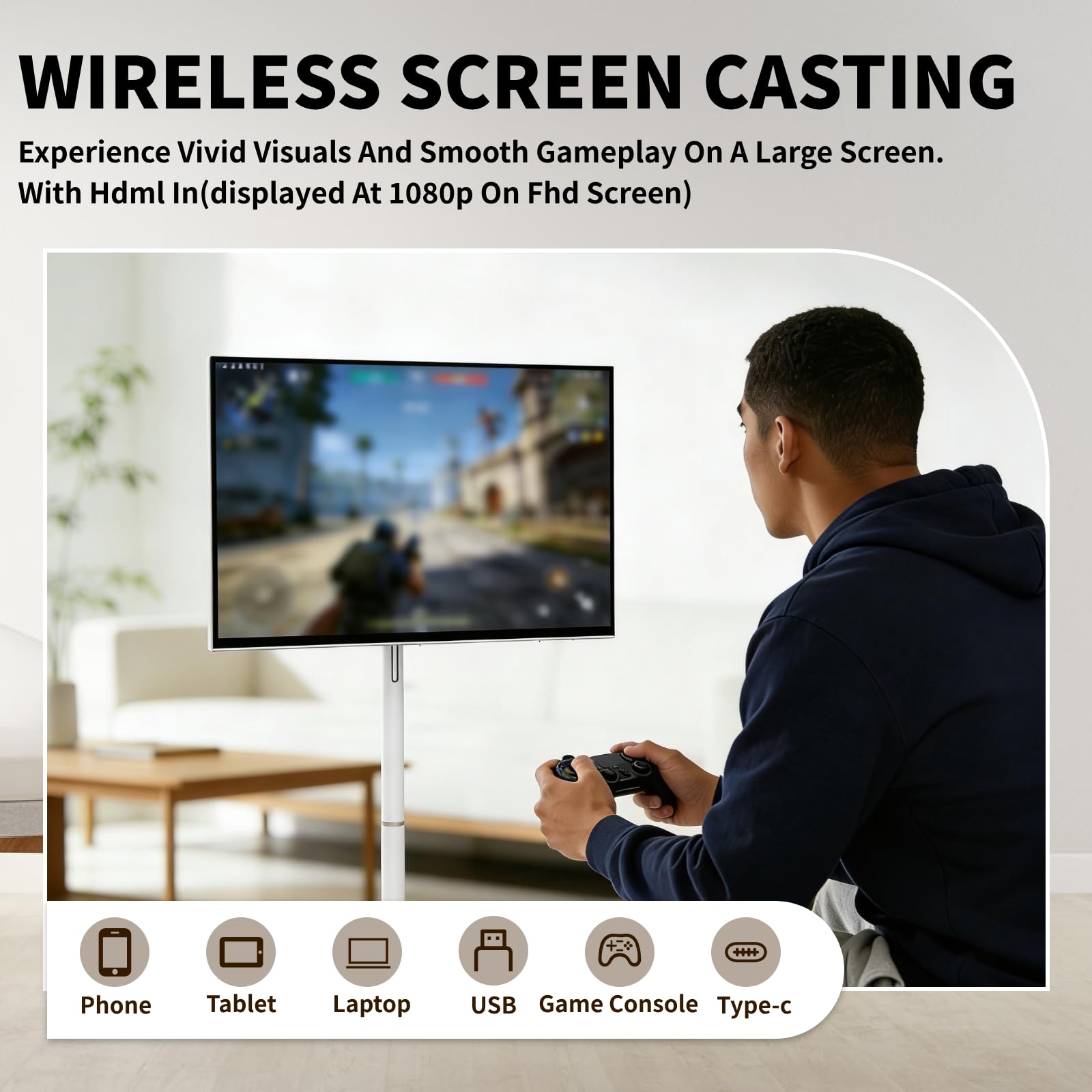 TV Touchscreen Senza Fili su Ruote 23,8"/32", Batteria 10000/15000mah, Touch, Proiezione Wireless, Inclinazione 20° E Regolazione Altezza, Fotocamera 13 MP Integrata E Microfono 23.8"