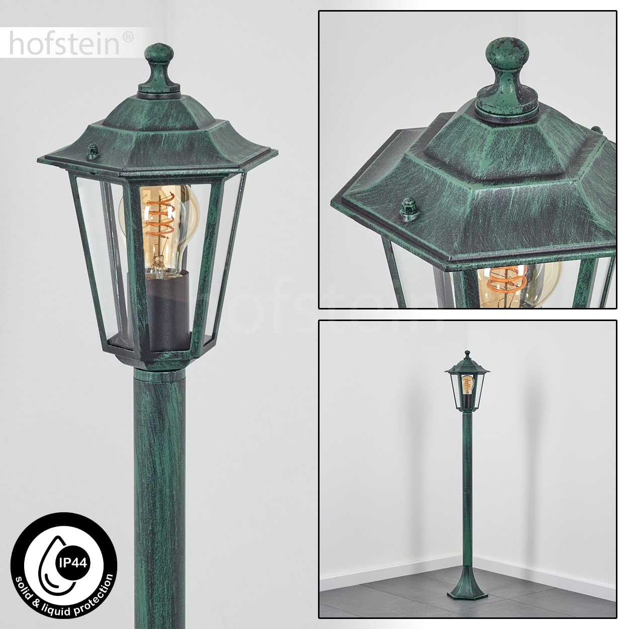 HOFSTEIN Lampa zewnętrzna Loria, oświetlenie ścieżki z metalu/szkła w kolorze zielono-czarnym/przezroczystym, lampa zewnętrzna o wyglądzie antycznym, 99 cm, lampa ogrodowa, oświetlenie ogrodowe IP44,
