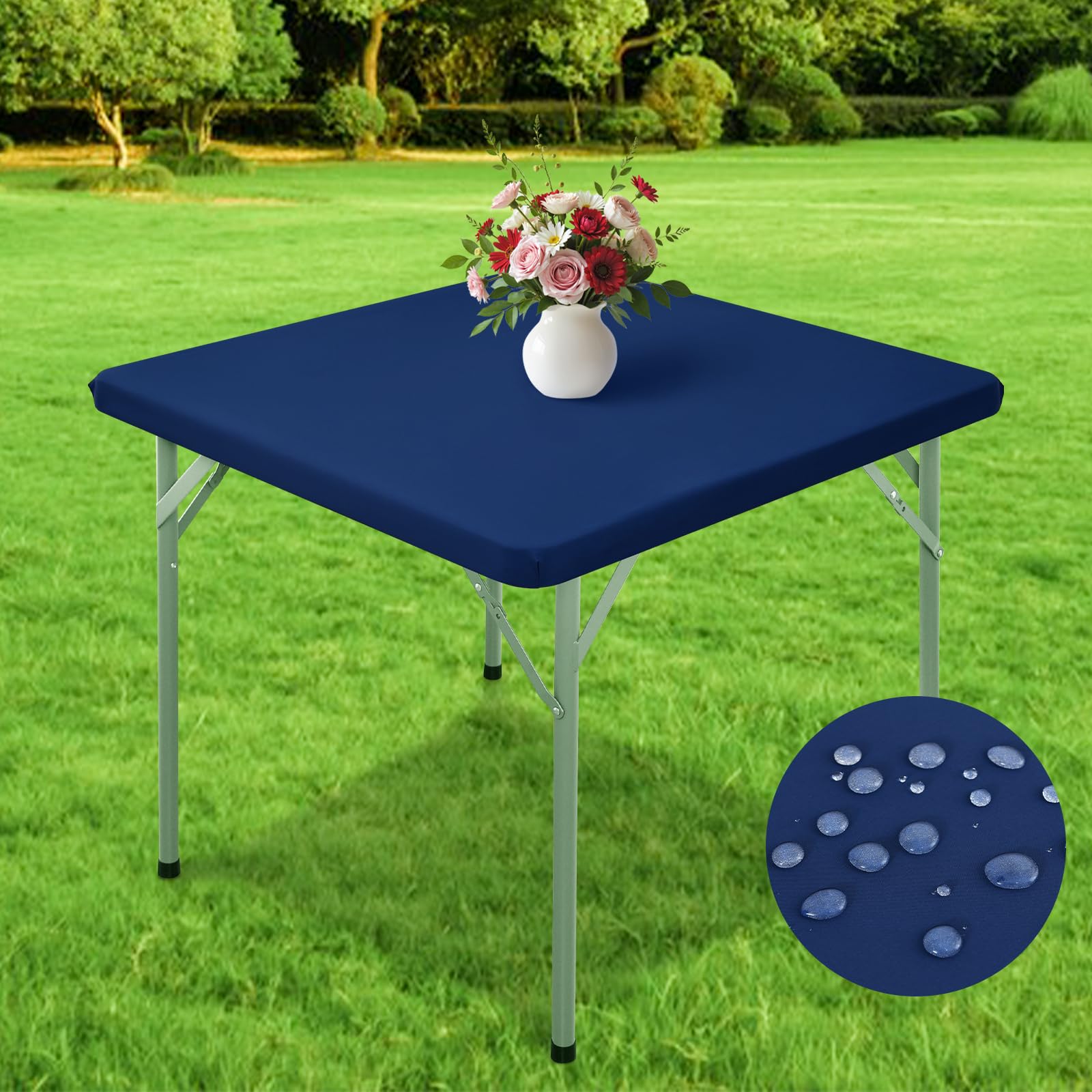 Wolkemer Waterproof Square Fitted Tablecloth 36x36 Inches, Navy Blue