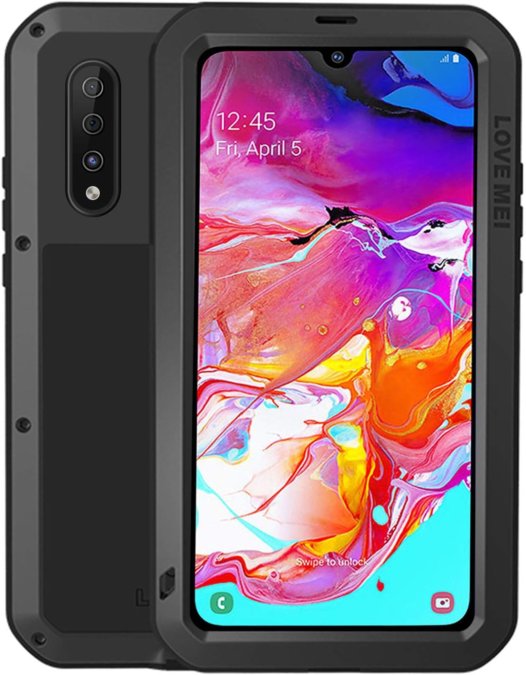 HATA Samsung A70 Metal Rugged Hybrid Waterproof case Silicone Military Defense A70 Heavy Duty case with Gorilla Glass Tough Full-Body Cover for Samsung A70 (Black, Samsung A70)