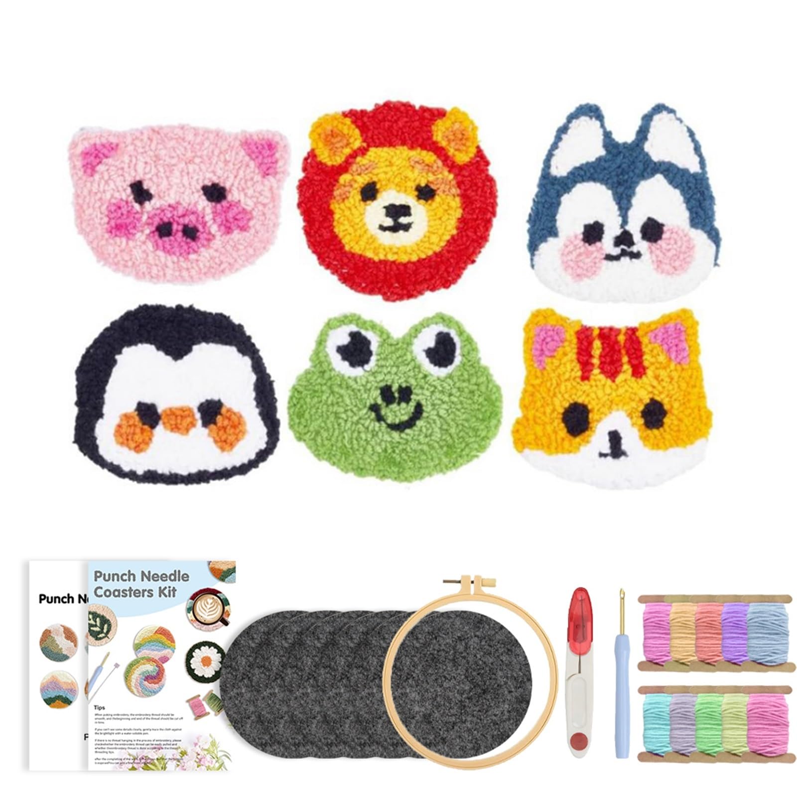 1set Punch Needle Coasters Kit For Beginner Poke Embroidery Set With Tufted Rug Pads Crafts for DIY(Color1)