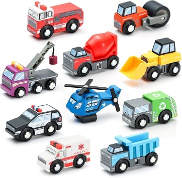 SainSmart Jr. Wooden Train Set Accessories Toy Cars 10 PCS, Compatible with All Major Brands, Gift for Toddlers and Kids Aged 3+
