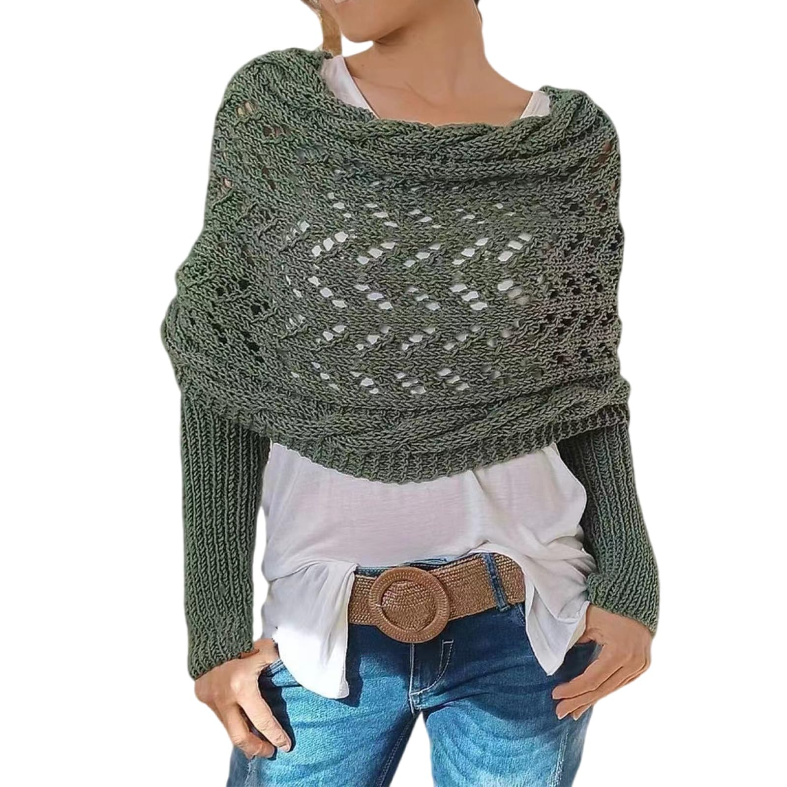 FMNGOP Knitted Cable Wrap,Elegant Women's Knitted Cable Wrap Sweater Scarf With Sleeves - Cozy Crochet Cocoon Shrug