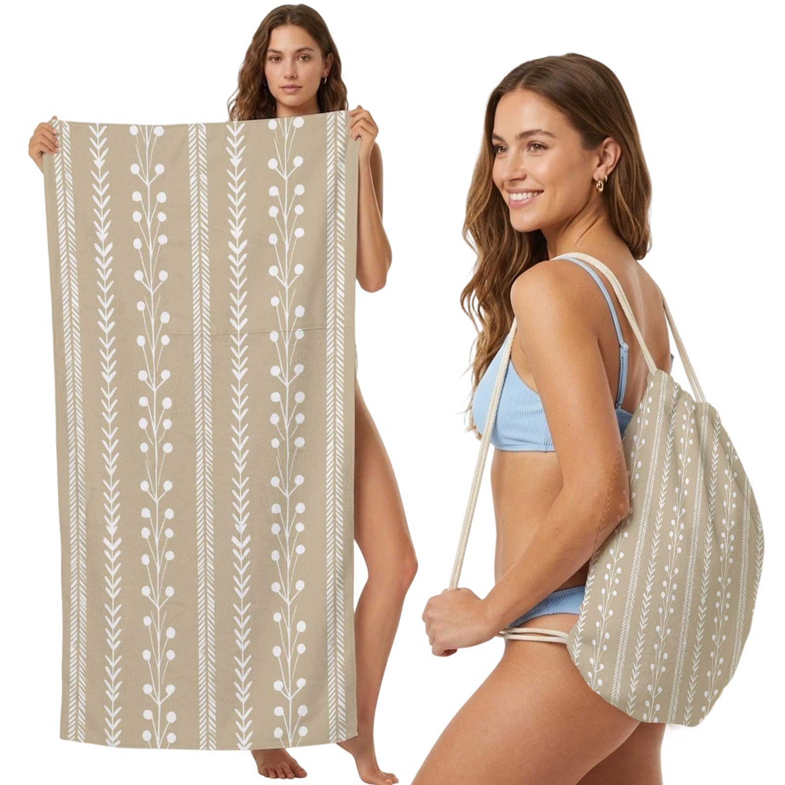 Beach Towel Bag 2 in 1 Beige Leaves Lines Bath Pool Towels Backpack Leaf Vines Vertical Stripes Absorbent Beach Towel Soft Quick Dry Lightweight Packable Towels Drawstring Bag for Travel Sports Yoga