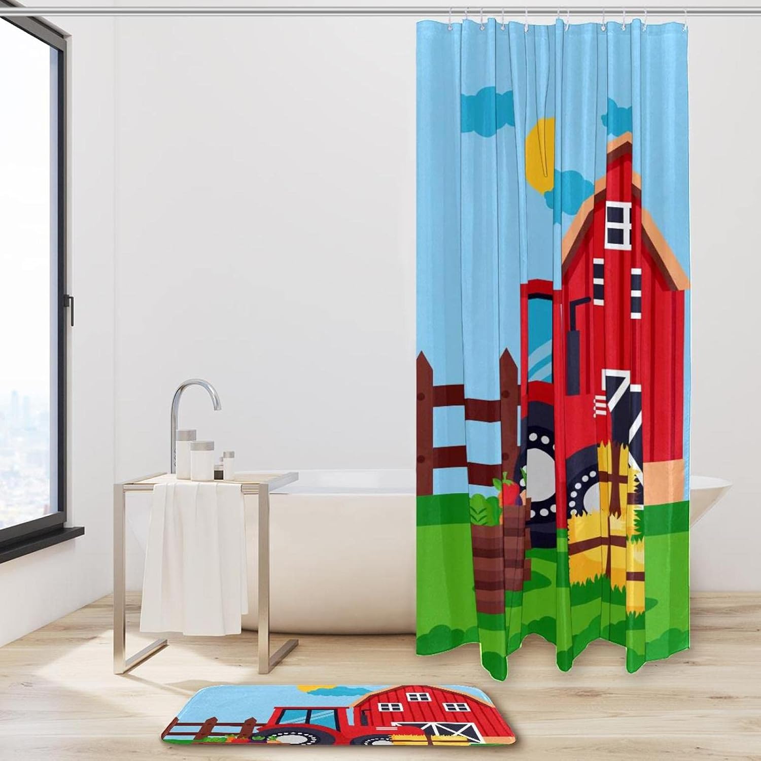 KXO Farm Cartoon, Waterproof Shower Curtain and Mat Set Polyester Bathroom Curtain and Rug Set with Hooks 70.8"x70.8"