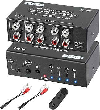 RCA 4-Way Bi-Directional Audio Switcher Splitter, 1 in 4 Out / 4 in 1 Out Stereo L/R Sound Channel Audio Switch Selector Splitter Box with Remote Control for Speakers Headphones Amps Black