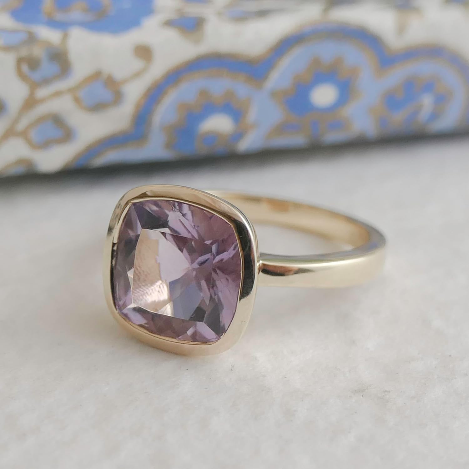 Amethyst Cushion Cut Ring 10x10mm – 925 Solid Sterling Silver with 3 Micron Gold Plating – Natural Authentic Gemstone, Scandinavian Handmade Fine Jewelry for Women