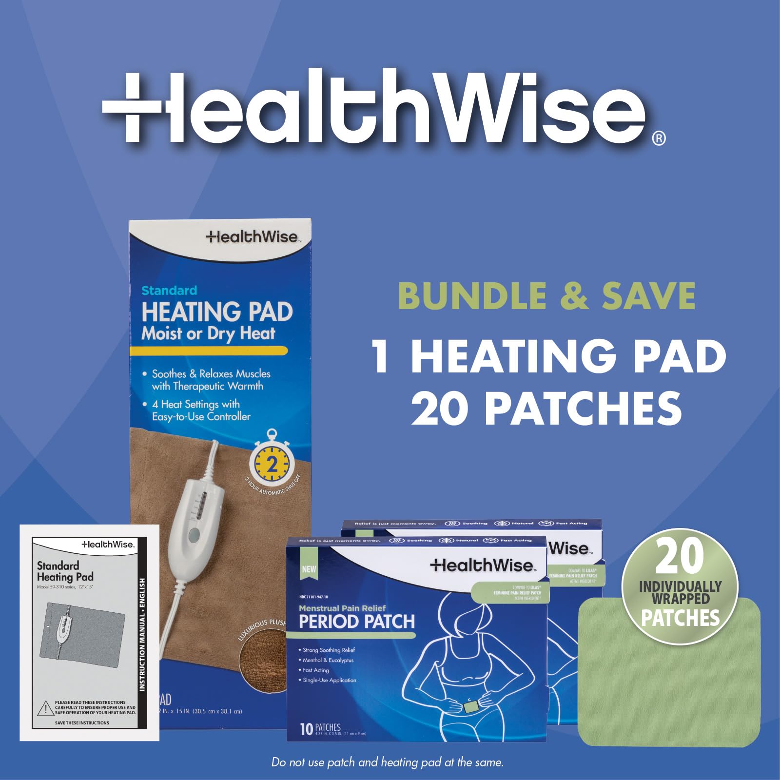 HealthWise Set per alleviare il dolore mestruale | Venti cerotti al 10% al mentolo + eucalipto | generosa toppa XL | cuscinetto riscaldante da 30,5 x 38,1 cm con calore umido e secco | Cura naturale e