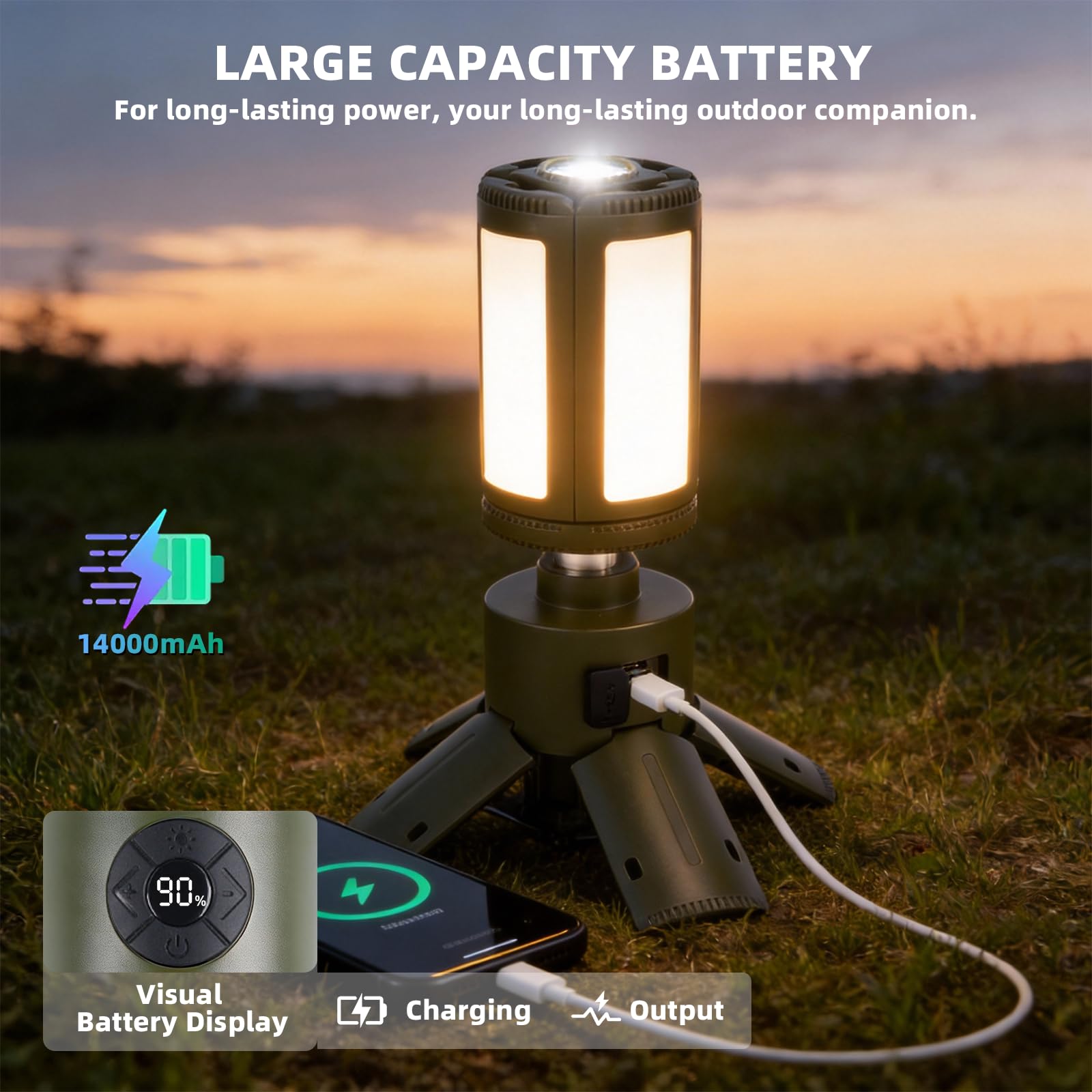aiGear Lampes de camping télescopiques, lampes de camping rechargeables avec support 14 000 mAh, lanternes de camping pliables, lampes de poche portables IPX5 étanches pour camping, randonnée, pêche
