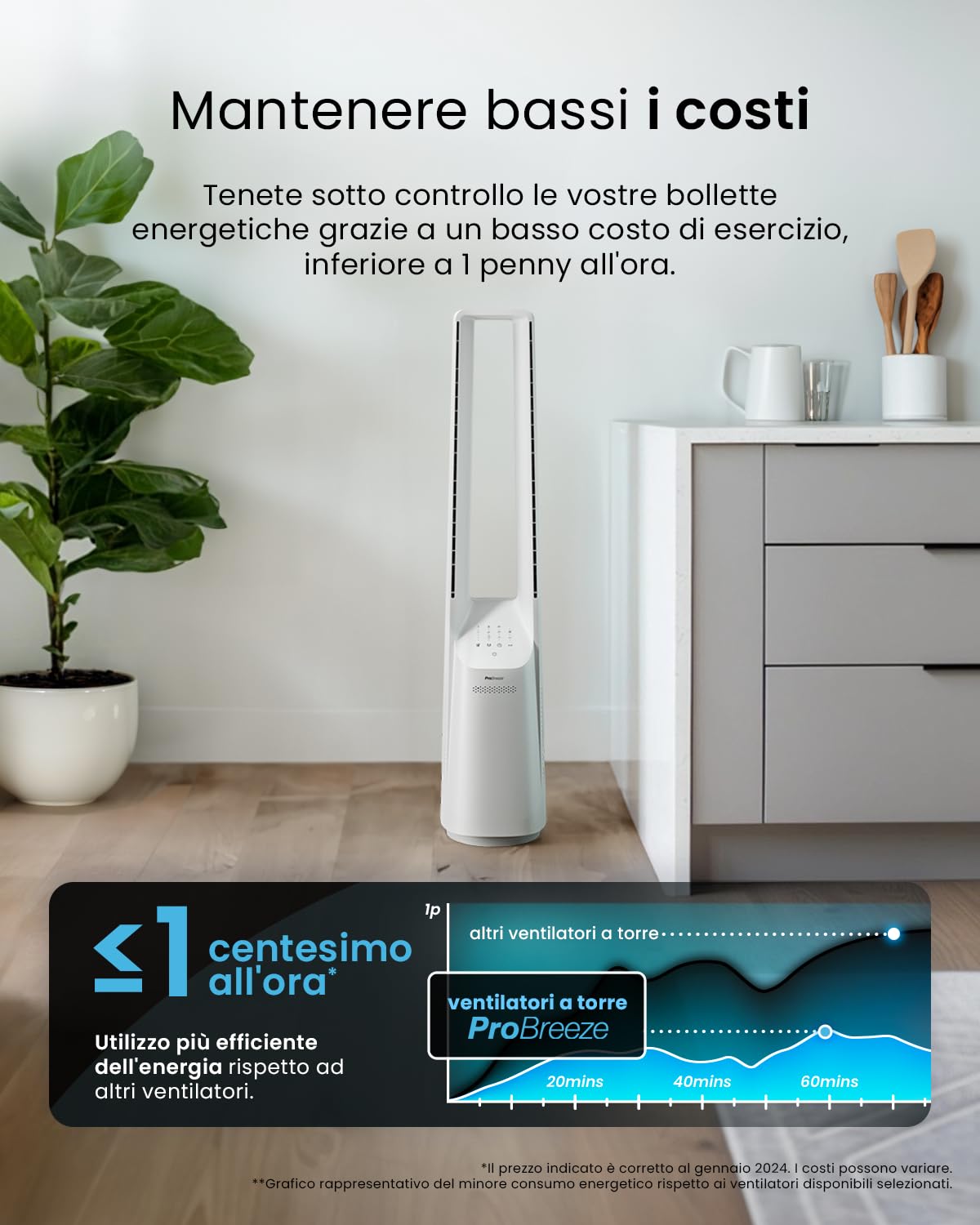 Pro Breeze Ventilatore a Torre Bianco 101 cm Senza Pale – Motore DC Ultra Silenzioso, Telecomando, Display LED, 6 Velocità, 5 Modalità, Oscillazione Automatica 60°, Timer 7h, Ideale per Casa e Camera