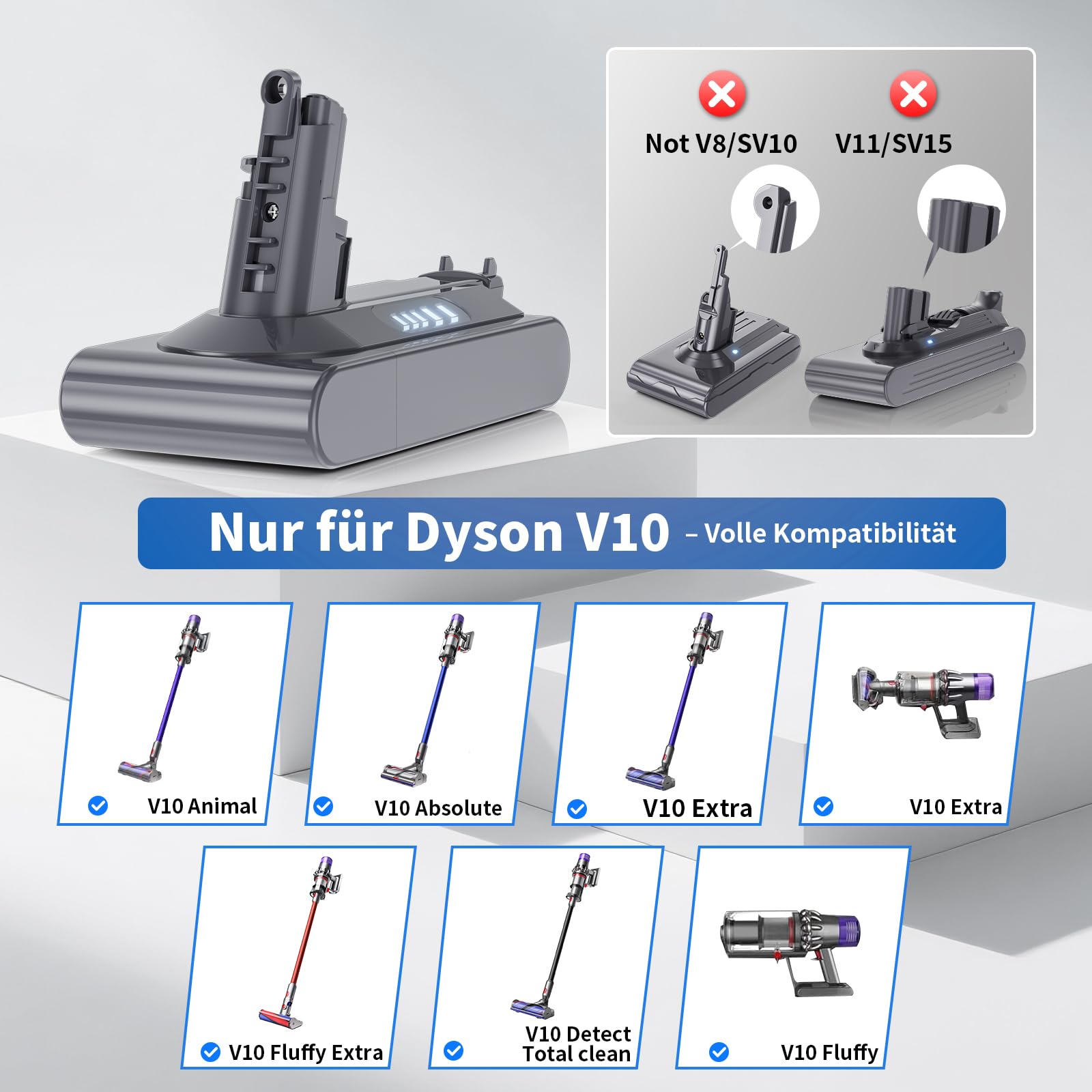 8000mAh für Dyson V10 Akku, Hochkapazität 25.2V Akku für Dyson V10 SV12
