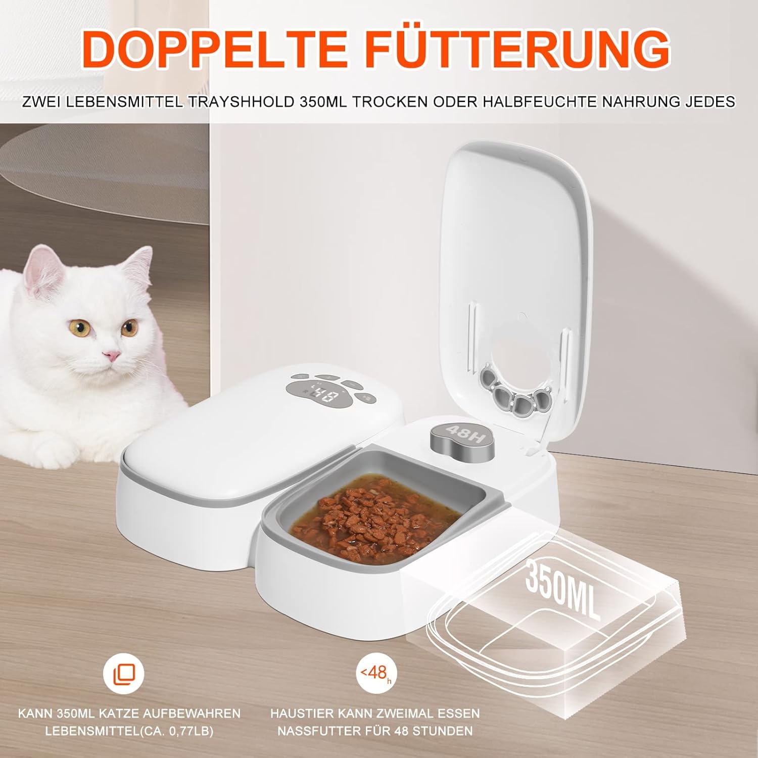 Mangiatoia automatica per gatti e cani, alimentazione automatica a due pasti, timer controllato da 48 ore, alimentazione a secco o umido