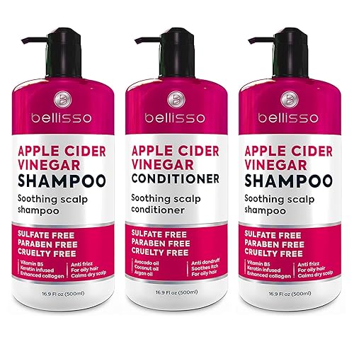BELLISSO Champú y acondicionador de vinagre de sidra de manzana con ingredientes naturales, anticaspa, hidratante, nutritivo, brillo, calmante, sin