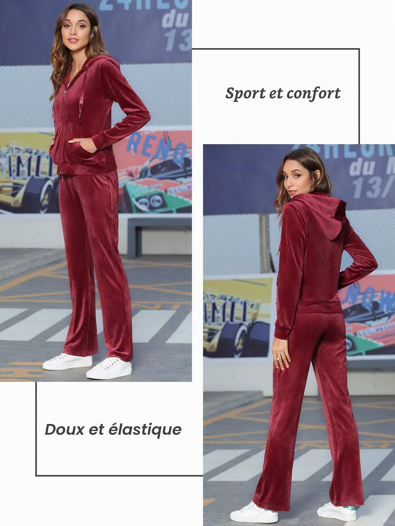 MessBebe Ensemble de survêtement 2 pièces en velours pour femme avec capuche et pantalon à manches longues