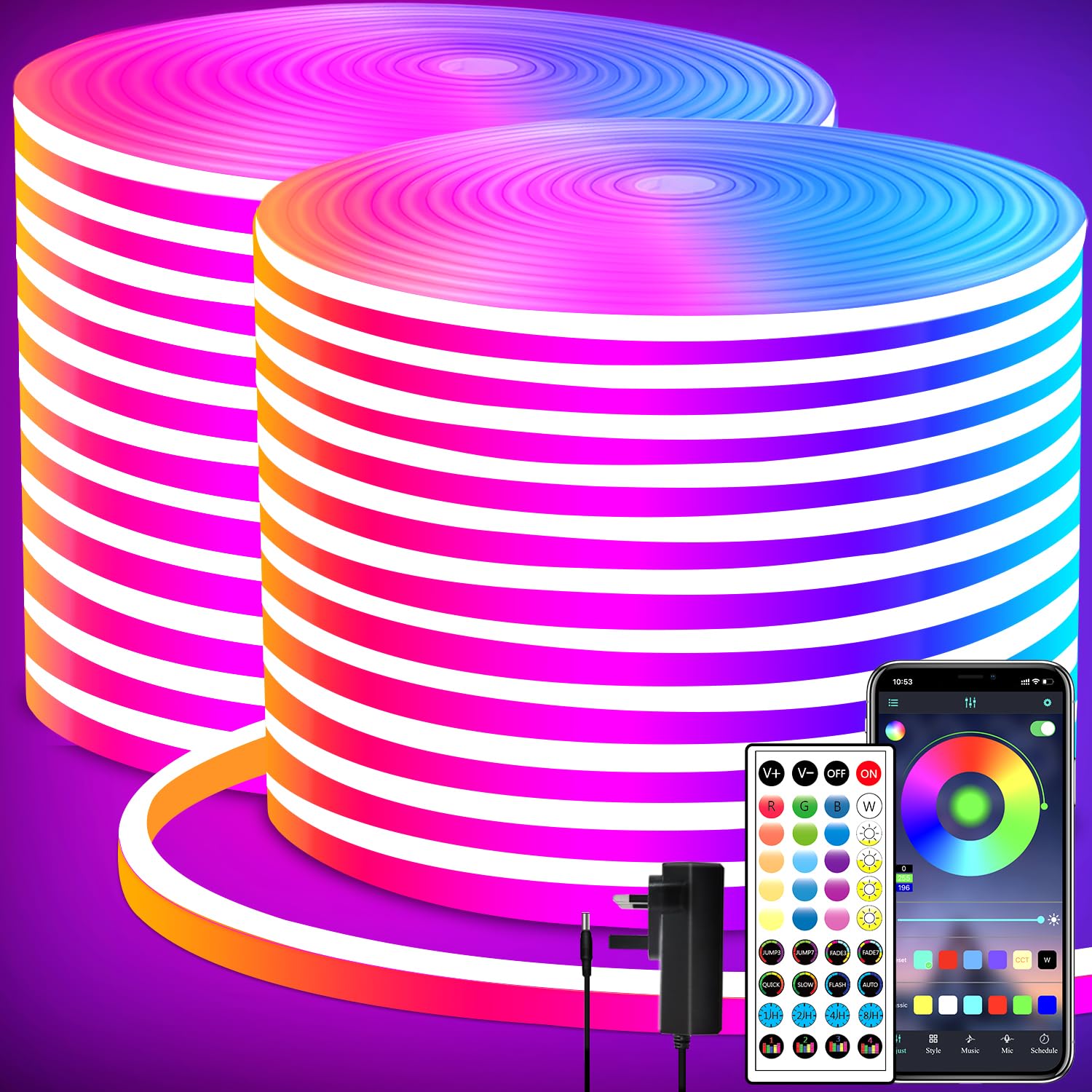 LED neon Lights Strip 40M,DC 24V RGB neon Rope Light Strip APP Remote Controls Control Waterproof Flexible Neon LED Rope Lights for Bedroom,Playroom,Outdoors Decor（2 Rolls of 20M）