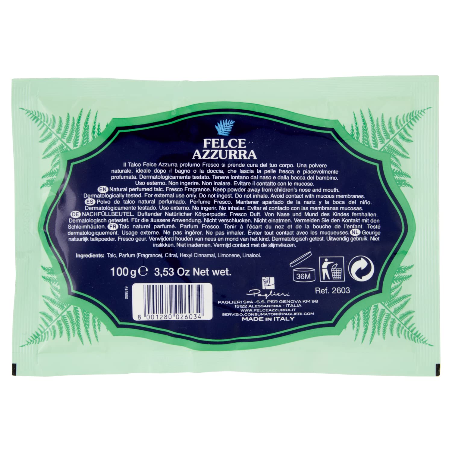 Felce Azzurra Talco en polvo perfumado fresco 100 g absorbente calmante para piel seca